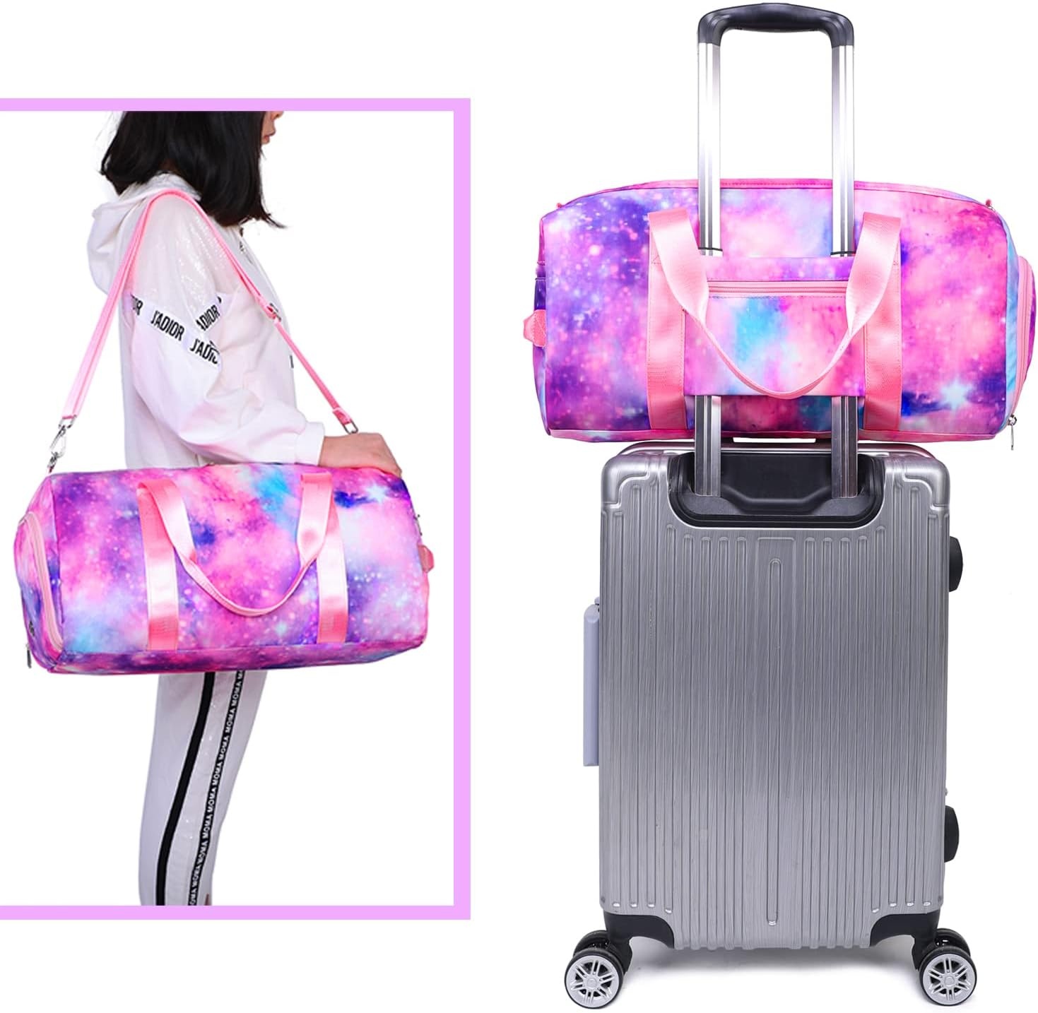image:imageBTOOP Duffle Bag for Girls Kids Gym Sports Teens Workout Travel Bag Weekender with Shoe Compartment and Wet Pocket Pink Galaxy
