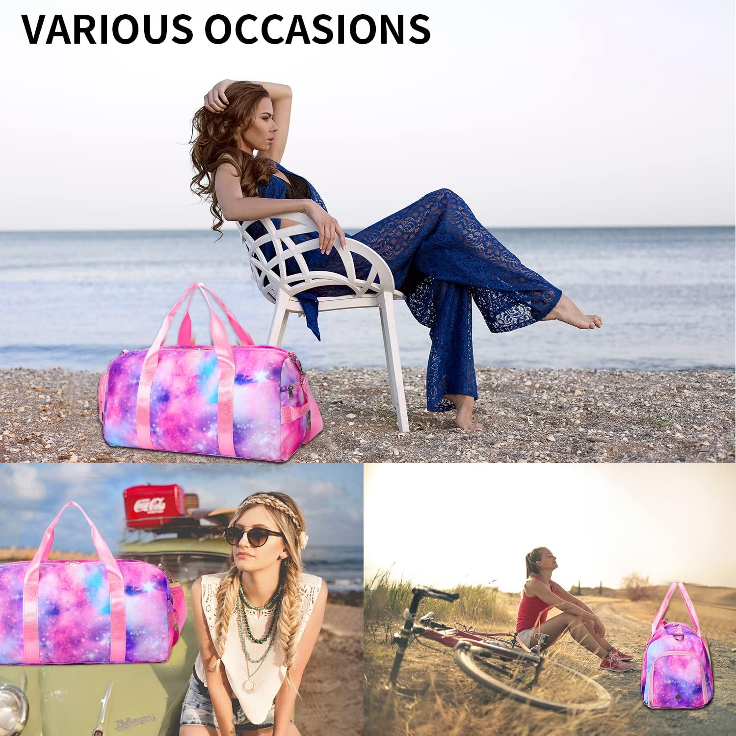 image:imageBTOOP Duffle Bag for Girls Kids Gym Sports Teens Workout Travel Bag Weekender with Shoe Compartment and Wet Pocket Pink Galaxy