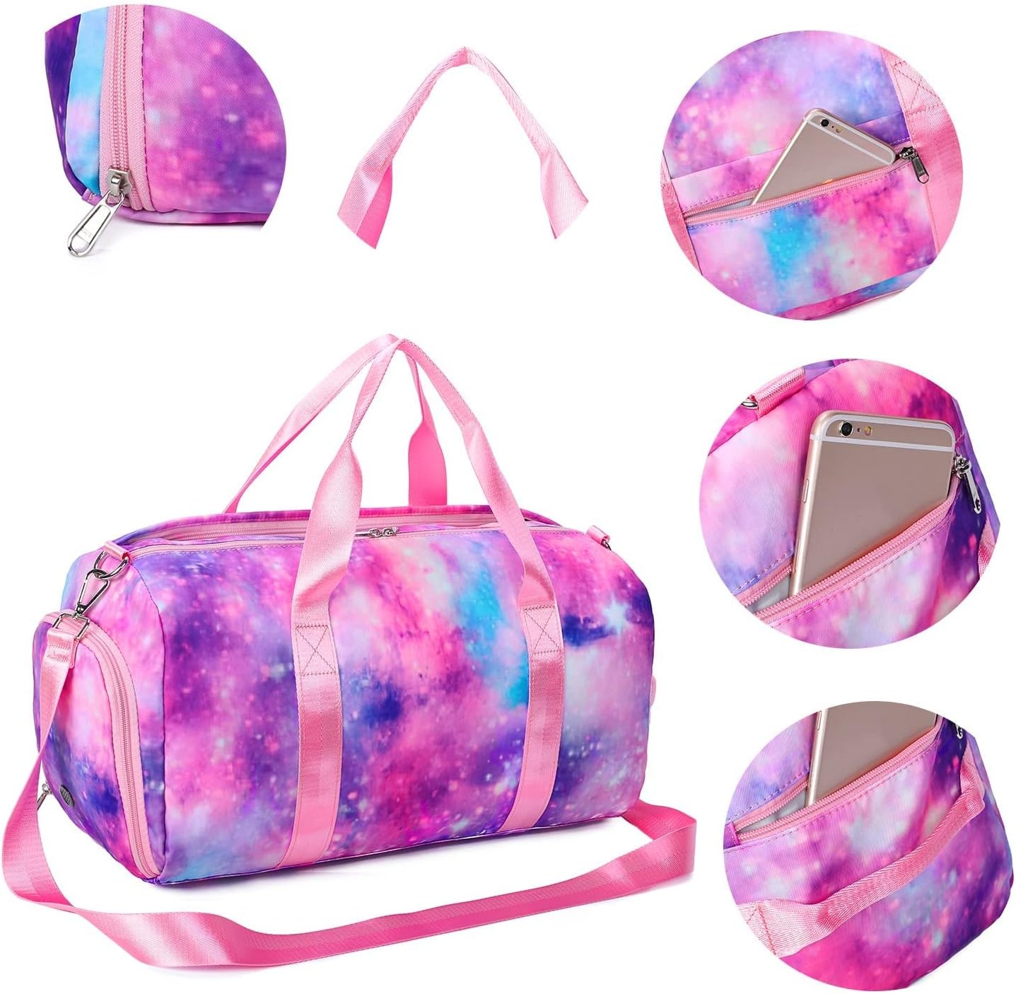 image:imageBTOOP Duffle Bag for Girls Kids Gym Sports Teens Workout Travel Bag Weekender with Shoe Compartment and Wet Pocket Pink Galaxy