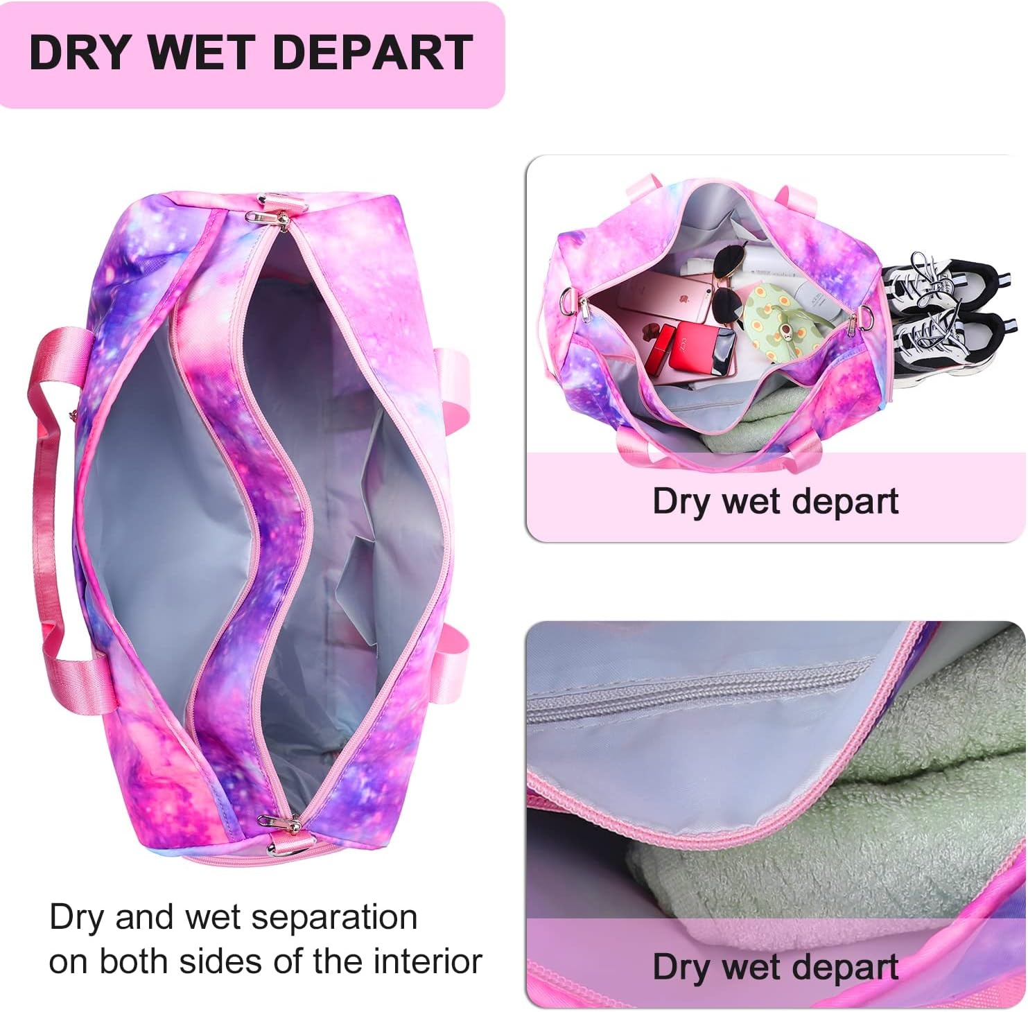 image:imageBTOOP Duffle Bag for Girls Kids Gym Sports Teens Workout Travel Bag Weekender with Shoe Compartment and Wet Pocket Pink Galaxy
