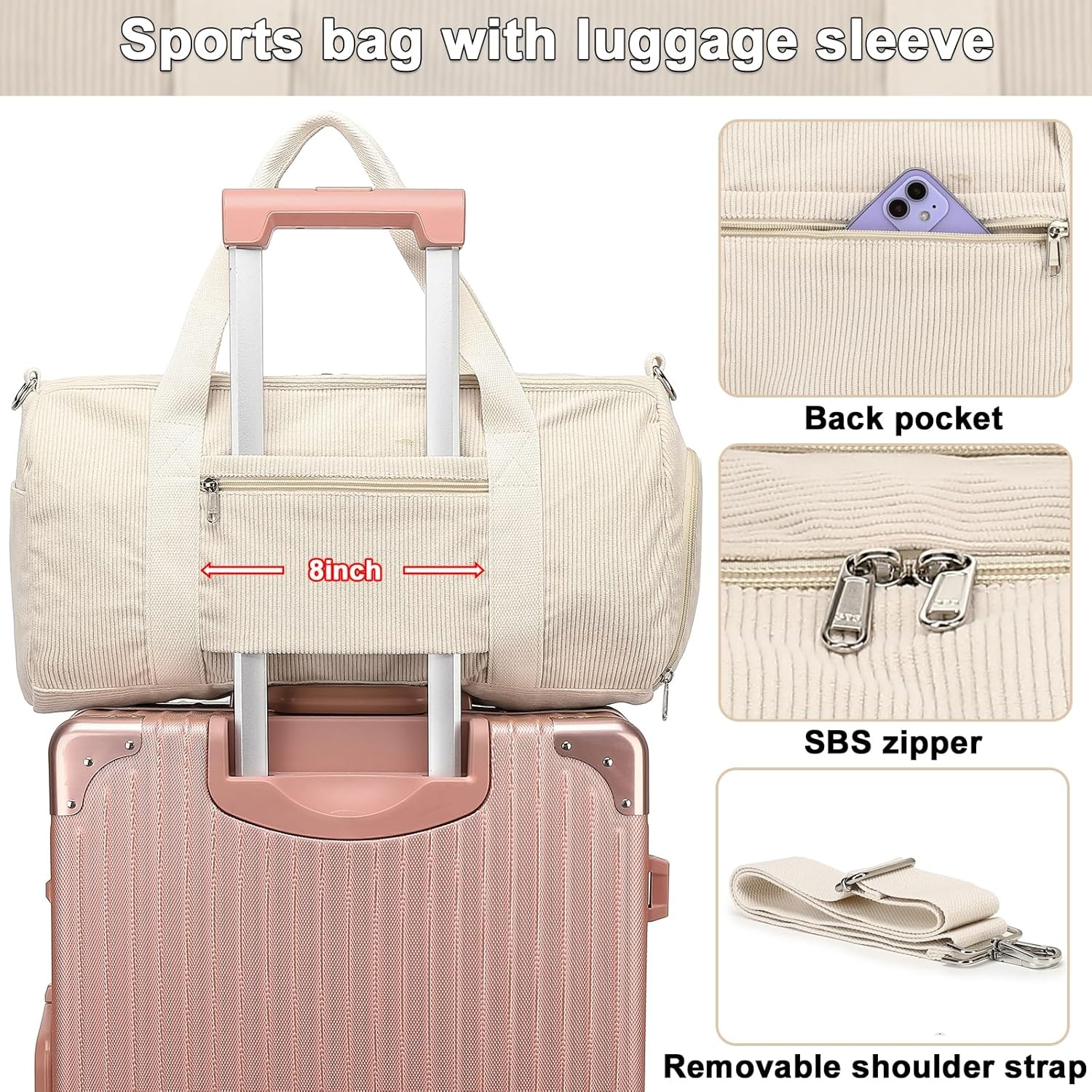 image:imageBTOOP Duffle Bag for Gym Sports Women Girls Workout Travel Bag Weekender with Shoe Compartment and Wet PocketACorduroybeige