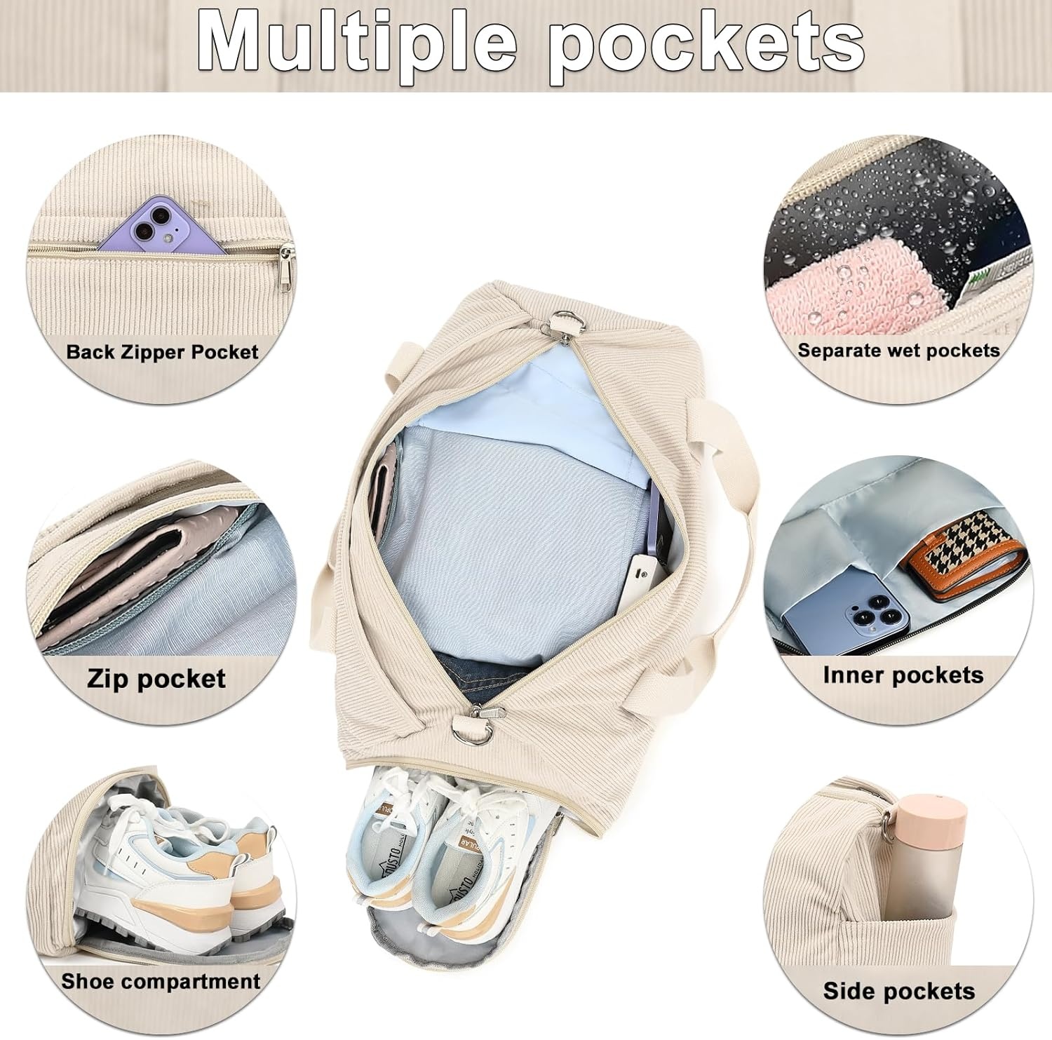 image:imageBTOOP Duffle Bag for Gym Sports Women Girls Workout Travel Bag Weekender with Shoe Compartment and Wet PocketACorduroybeige