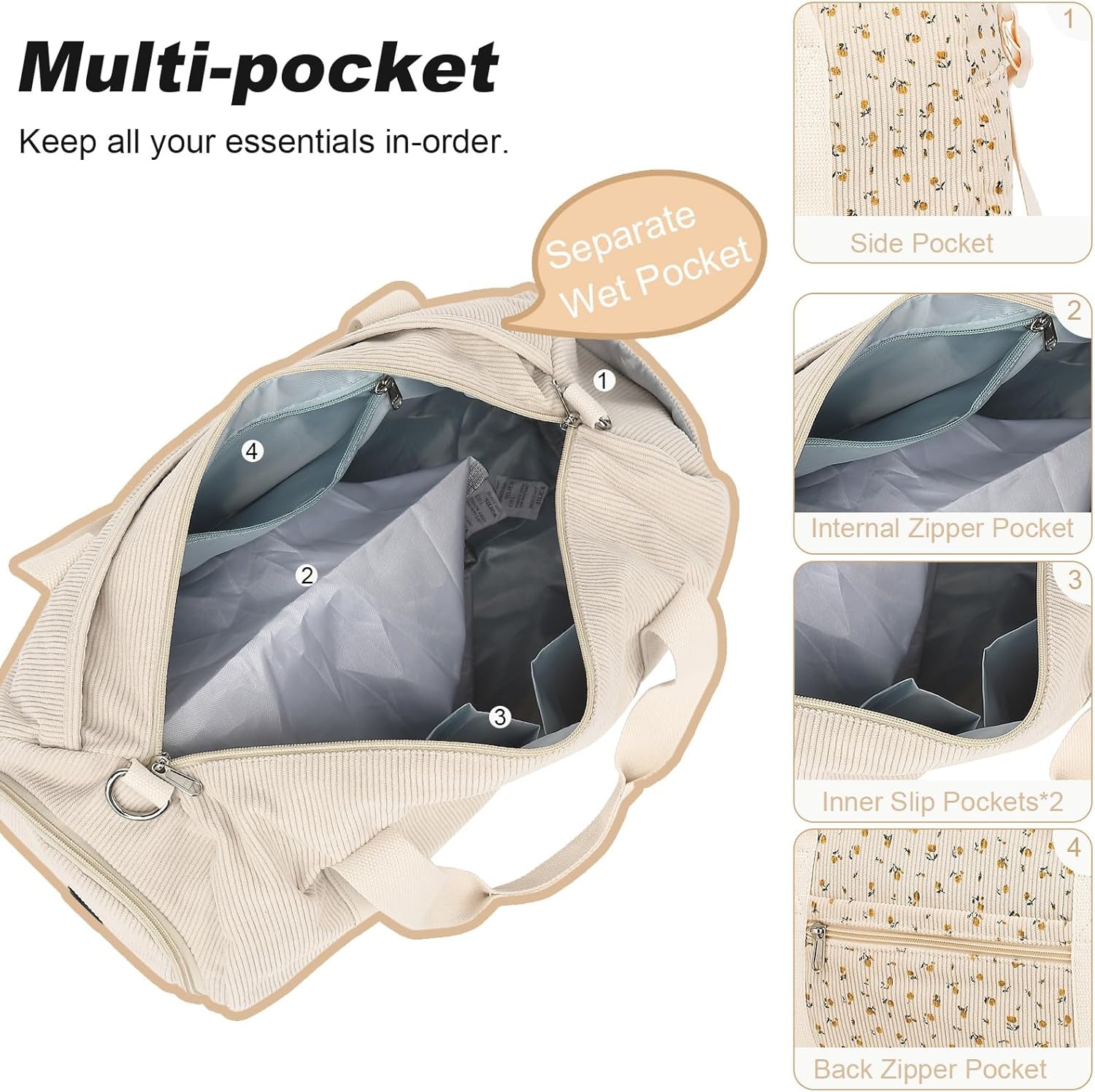 image:imageBTOOP Duffle Bag for Gym Sports Women Girls Workout Travel Bag Weekender with Shoe Compartment and Wet PocketACorduroyfloral beige