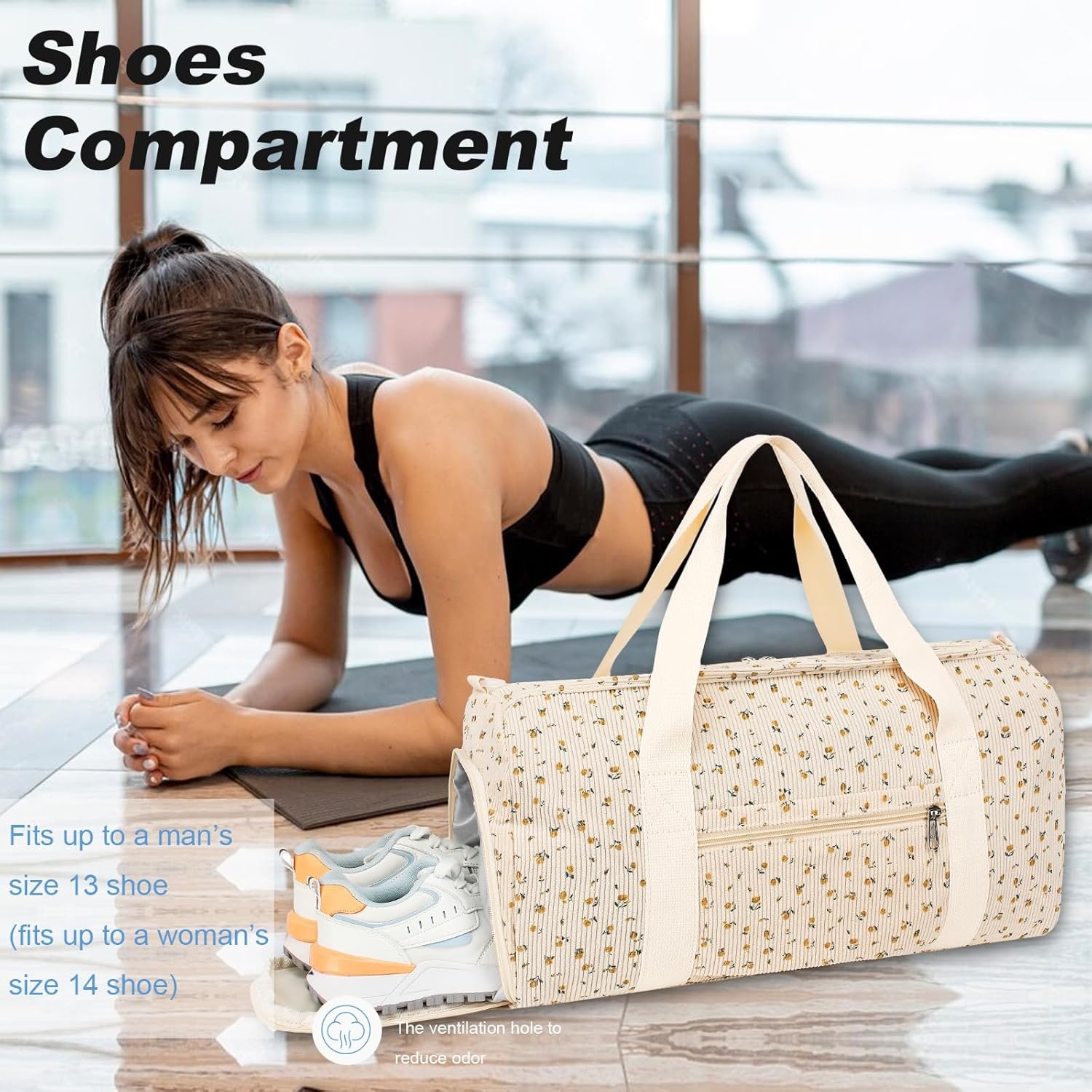 image:imageBTOOP Duffle Bag for Gym Sports Women Girls Workout Travel Bag Weekender with Shoe Compartment and Wet PocketACorduroyfloral beige