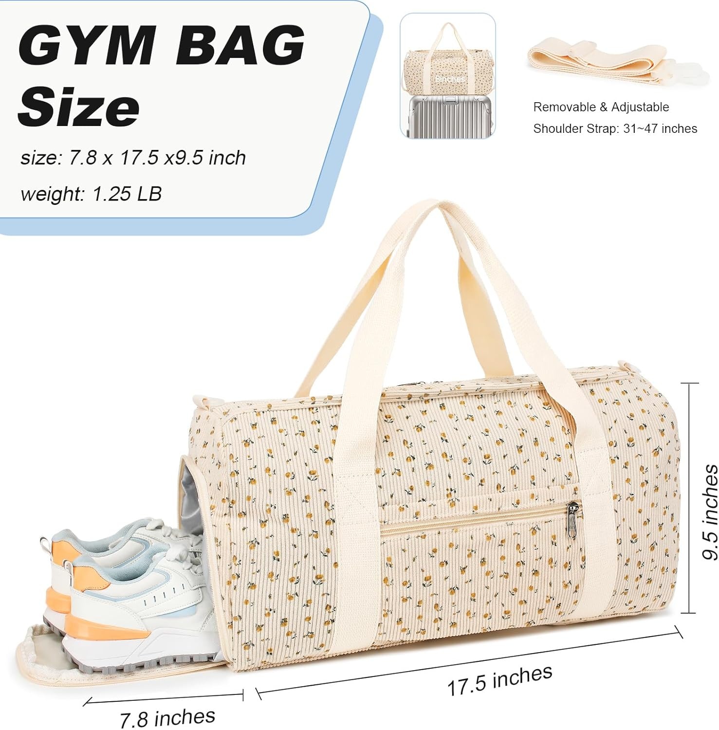 image:imageBTOOP Duffle Bag for Gym Sports Women Girls Workout Travel Bag Weekender with Shoe Compartment and Wet PocketACorduroyfloral beige