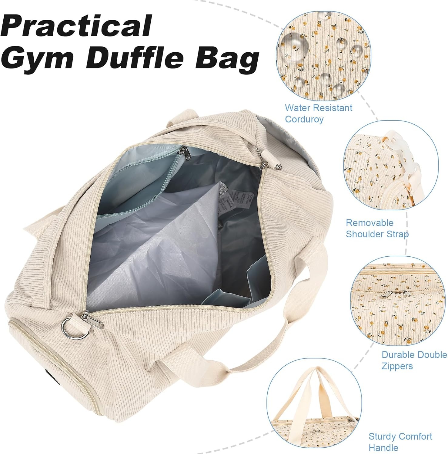 image:imageBTOOP Duffle Bag for Gym Sports Women Girls Workout Travel Bag Weekender with Shoe Compartment and Wet PocketACorduroyfloral beige