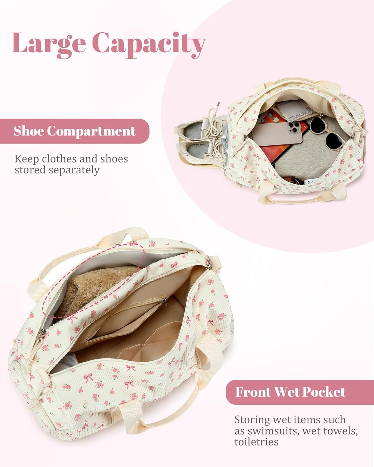 image:imageBTOOP Duffle Bag for Gym Sports Women Girls Workout Travel Bag Weekender with Shoe Compartment and Wet PocketAPink BowFloral