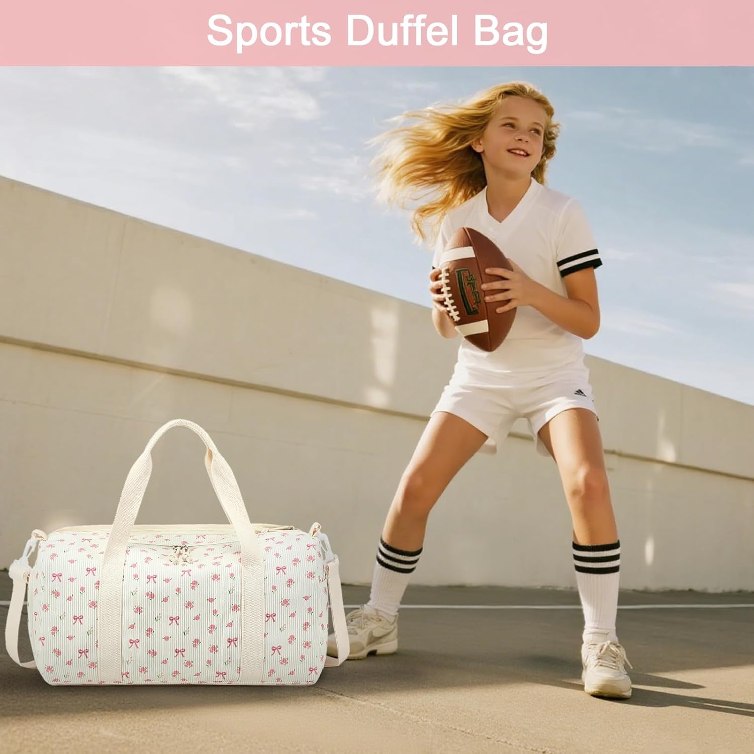 image:imageBTOOP Duffle Bag for Gym Sports Women Girls Workout Travel Bag Weekender with Shoe Compartment and Wet PocketAPink BowFloral