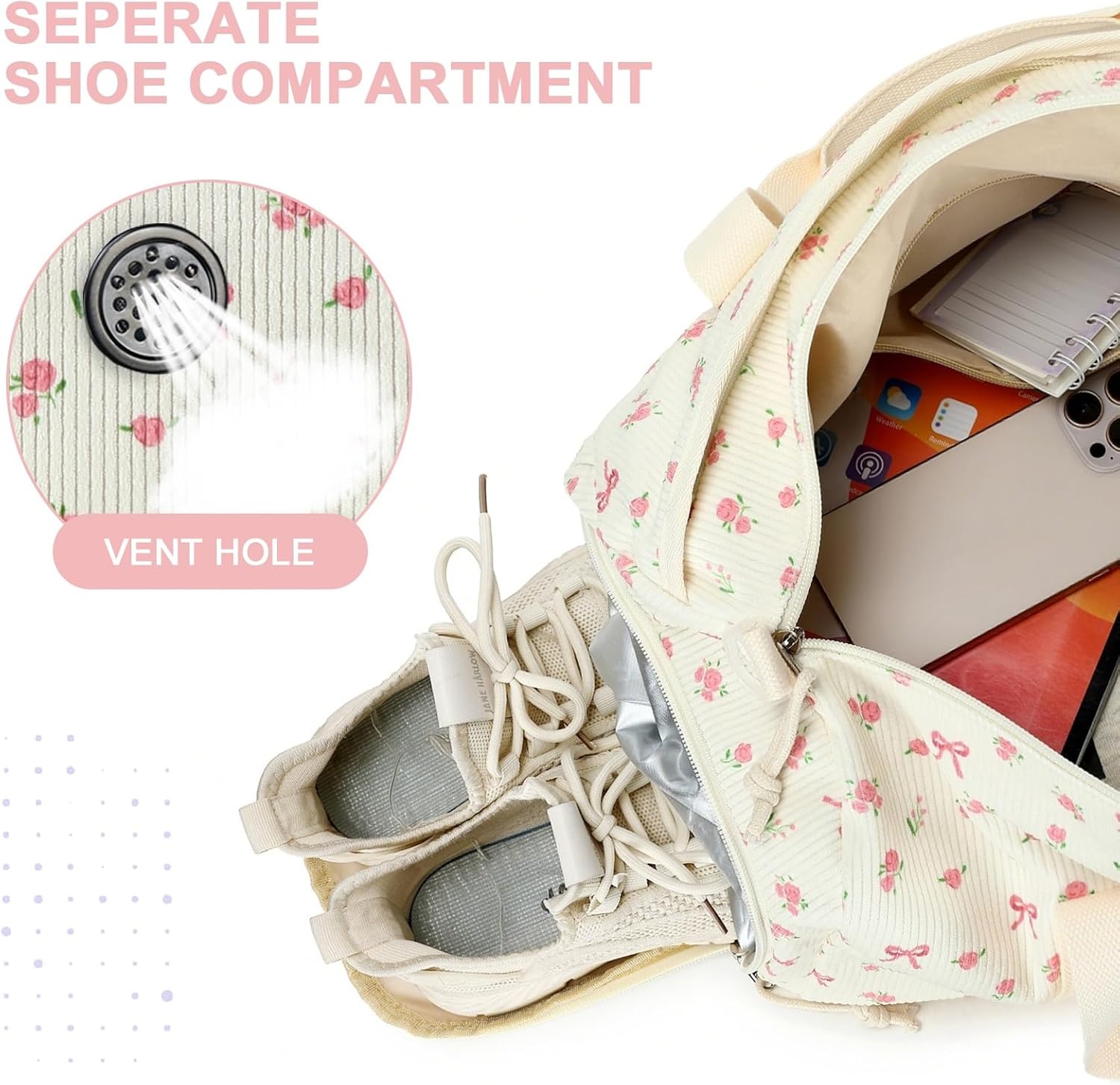 image:imageBTOOP Duffle Bag for Gym Sports Women Girls Workout Travel Bag Weekender with Shoe Compartment and Wet PocketAPink BowFloral