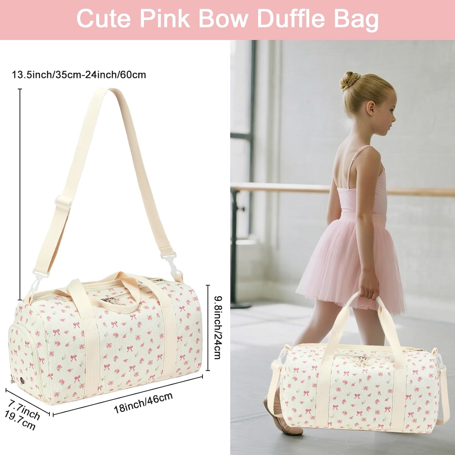 image:imageBTOOP Duffle Bag for Gym Sports Women Girls Workout Travel Bag Weekender with Shoe Compartment and Wet PocketAPink BowFloral