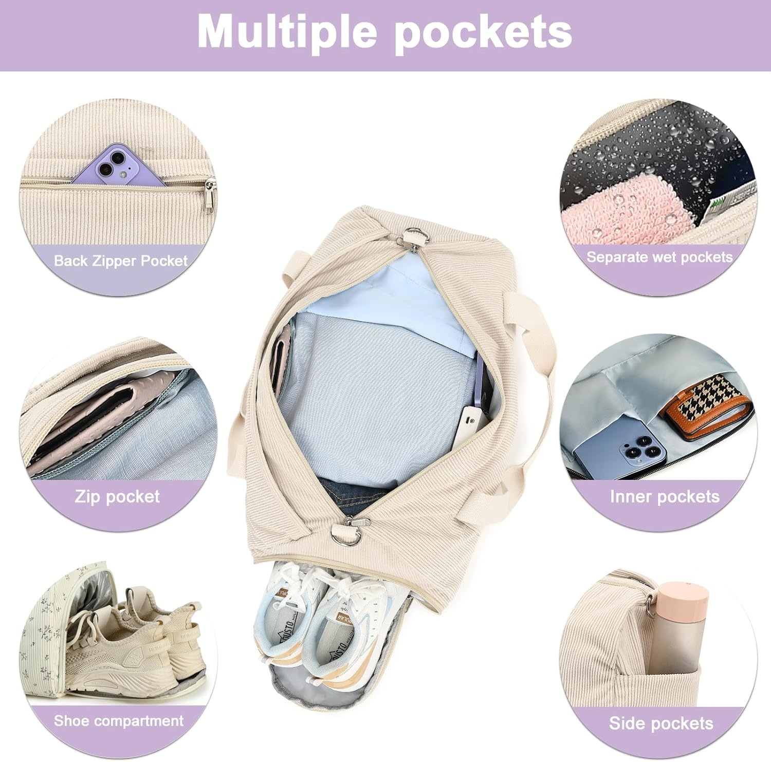 image:imageBTOOP Duffle Bag for Gym Sports Women Girls Workout Travel Bag Weekender with Shoe Compartment and Wet PocketAPurple Flower 177
