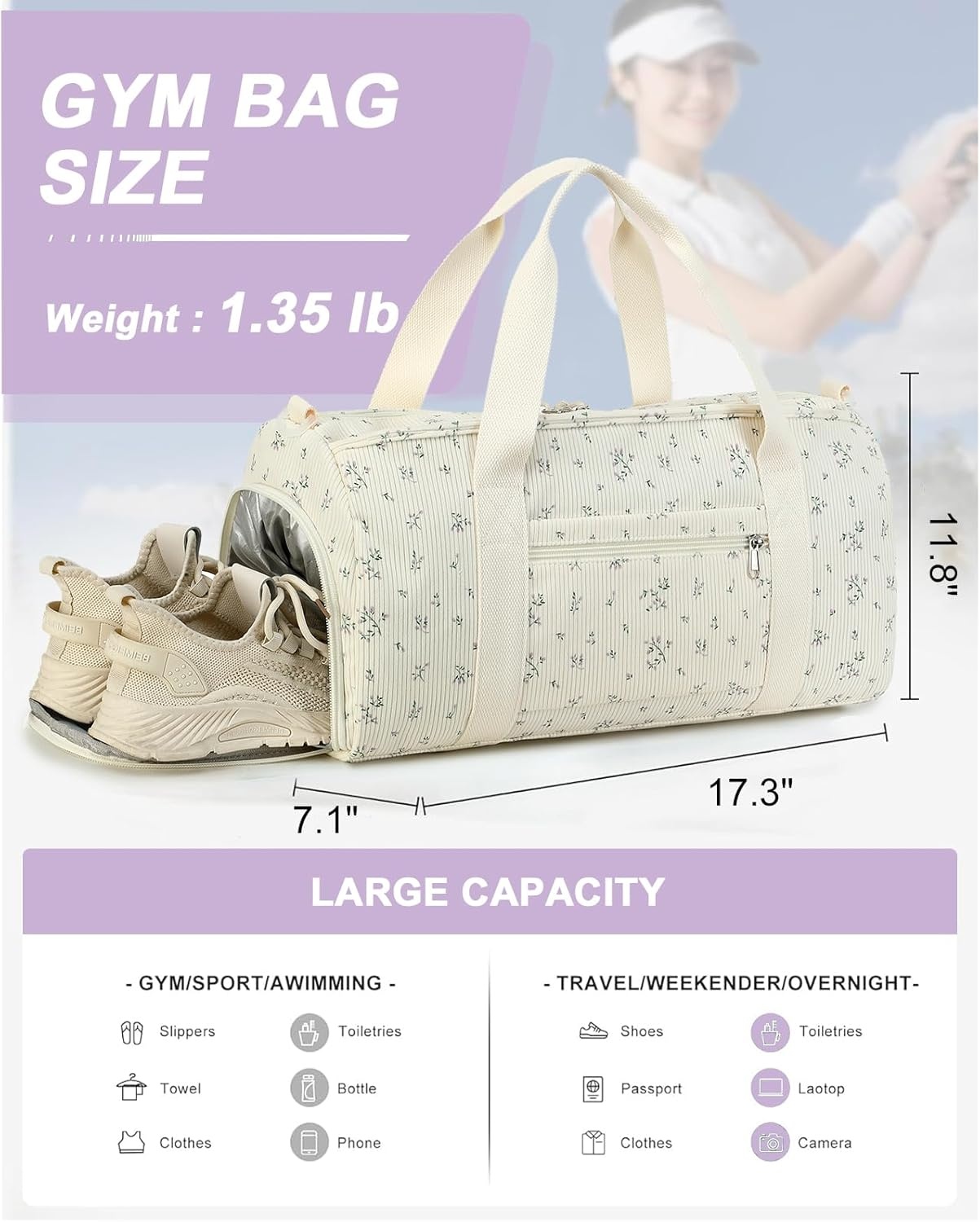 image:imageBTOOP Duffle Bag for Gym Sports Women Girls Workout Travel Bag Weekender with Shoe Compartment and Wet PocketAPurple Flower 177