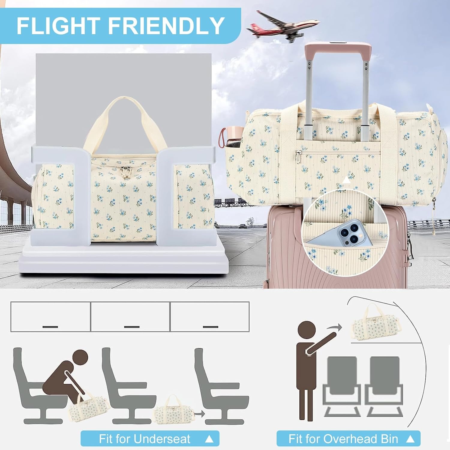 image:imageBTOOP Duffle Bag for Gym Sports Women Girls Workout Travel Bag Weekender with Shoe Compartment and Wet PocketBlue Flower