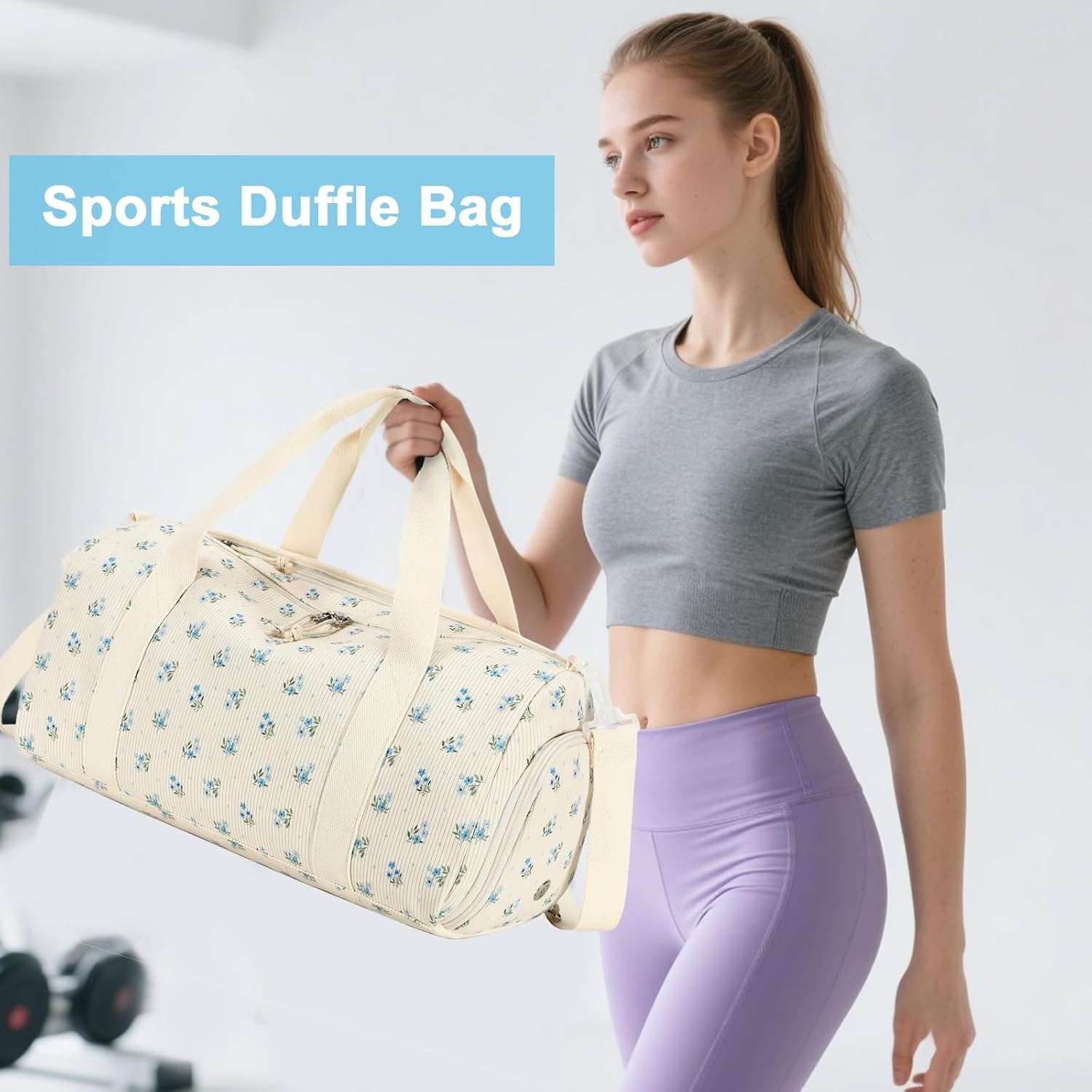 image:imageBTOOP Duffle Bag for Gym Sports Women Girls Workout Travel Bag Weekender with Shoe Compartment and Wet PocketBlue Flower