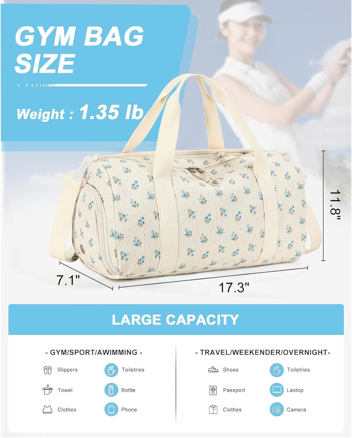 image:imageBTOOP Duffle Bag for Gym Sports Women Girls Workout Travel Bag Weekender with Shoe Compartment and Wet PocketBlue Flower