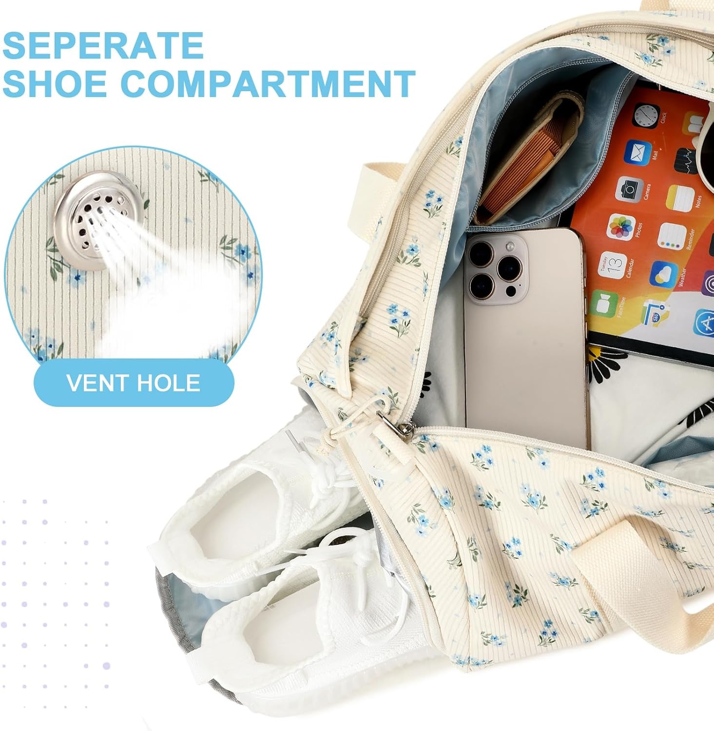 image:imageBTOOP Duffle Bag for Gym Sports Women Girls Workout Travel Bag Weekender with Shoe Compartment and Wet PocketBlue Flower