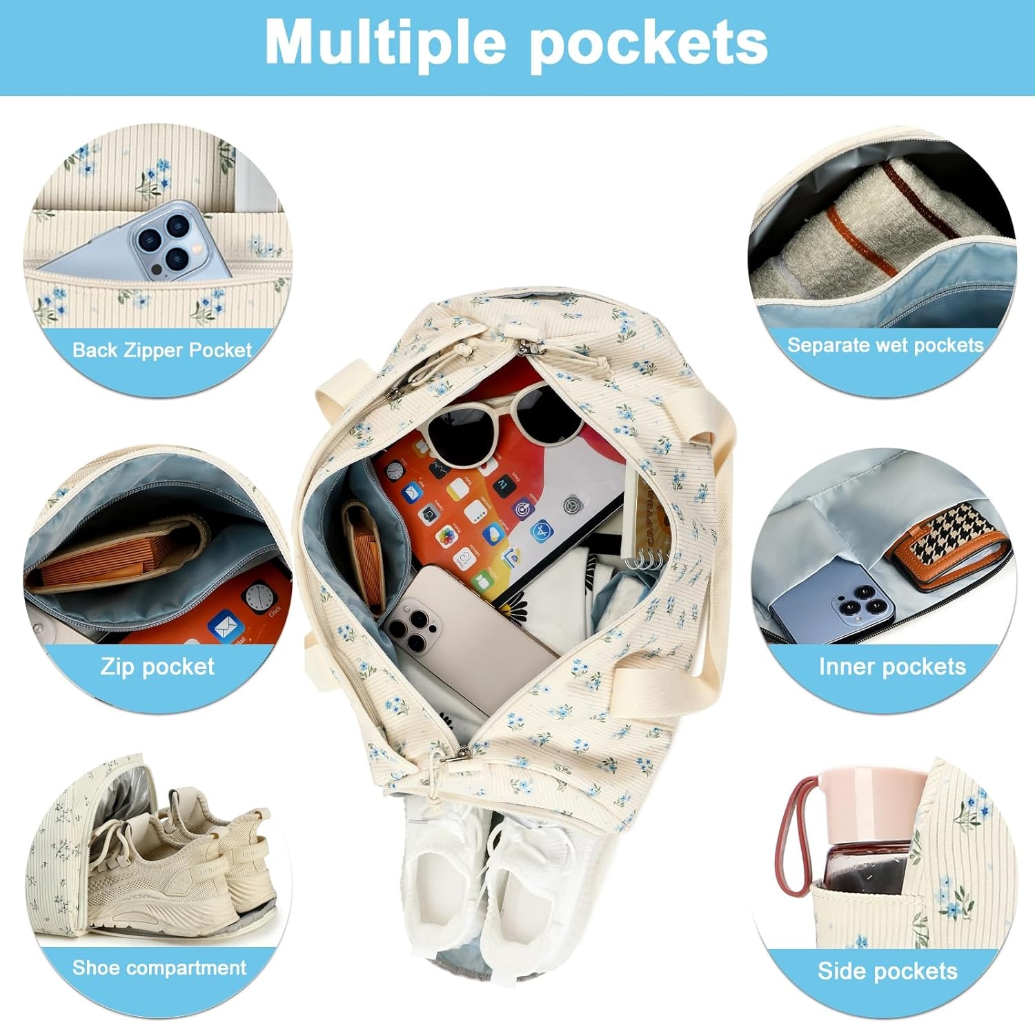 image:imageBTOOP Duffle Bag for Gym Sports Women Girls Workout Travel Bag Weekender with Shoe Compartment and Wet PocketBlue Flower