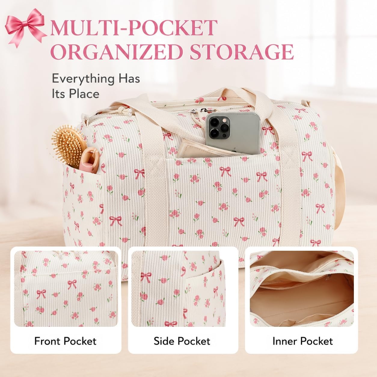 image:imageBTOOP Duffle Bag for Gym Sports Women Girls Workout Travel Bag Weekender with Shoe Compartment and Wet PocketSPink BowFloral