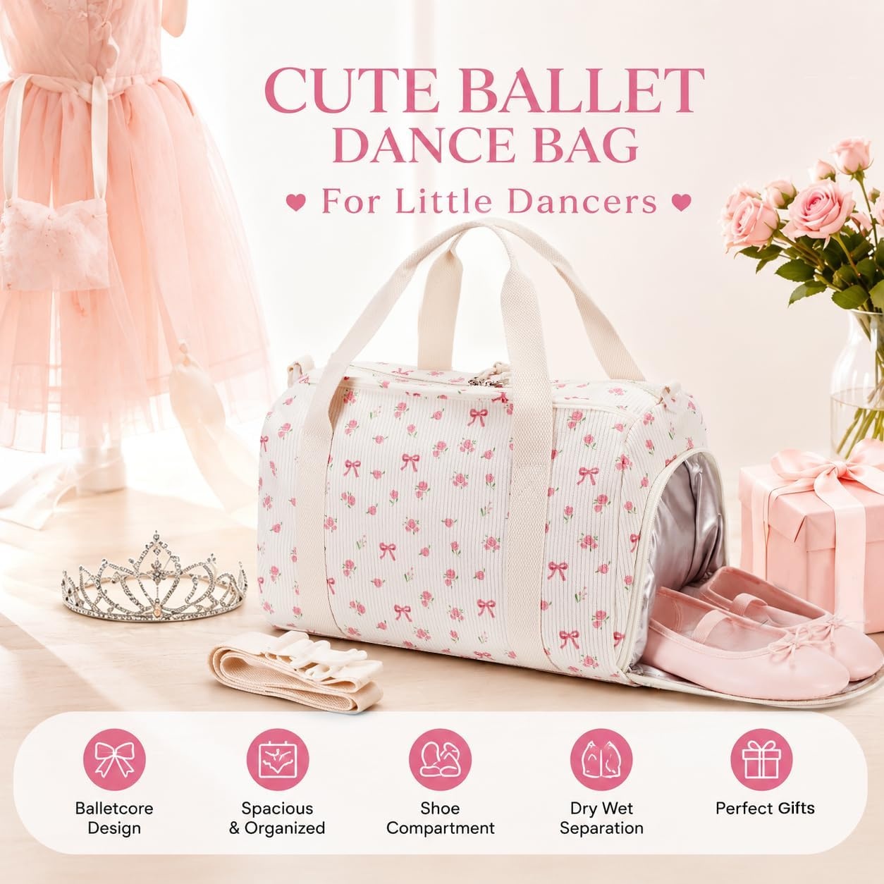 image:imageBTOOP Duffle Bag for Gym Sports Women Girls Workout Travel Bag Weekender with Shoe Compartment and Wet PocketSPink BowFloral