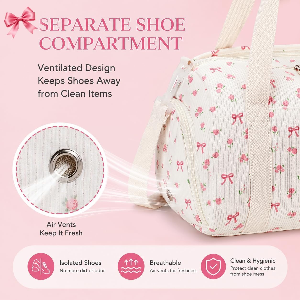 image:imageBTOOP Duffle Bag for Gym Sports Women Girls Workout Travel Bag Weekender with Shoe Compartment and Wet PocketSPink BowFloral