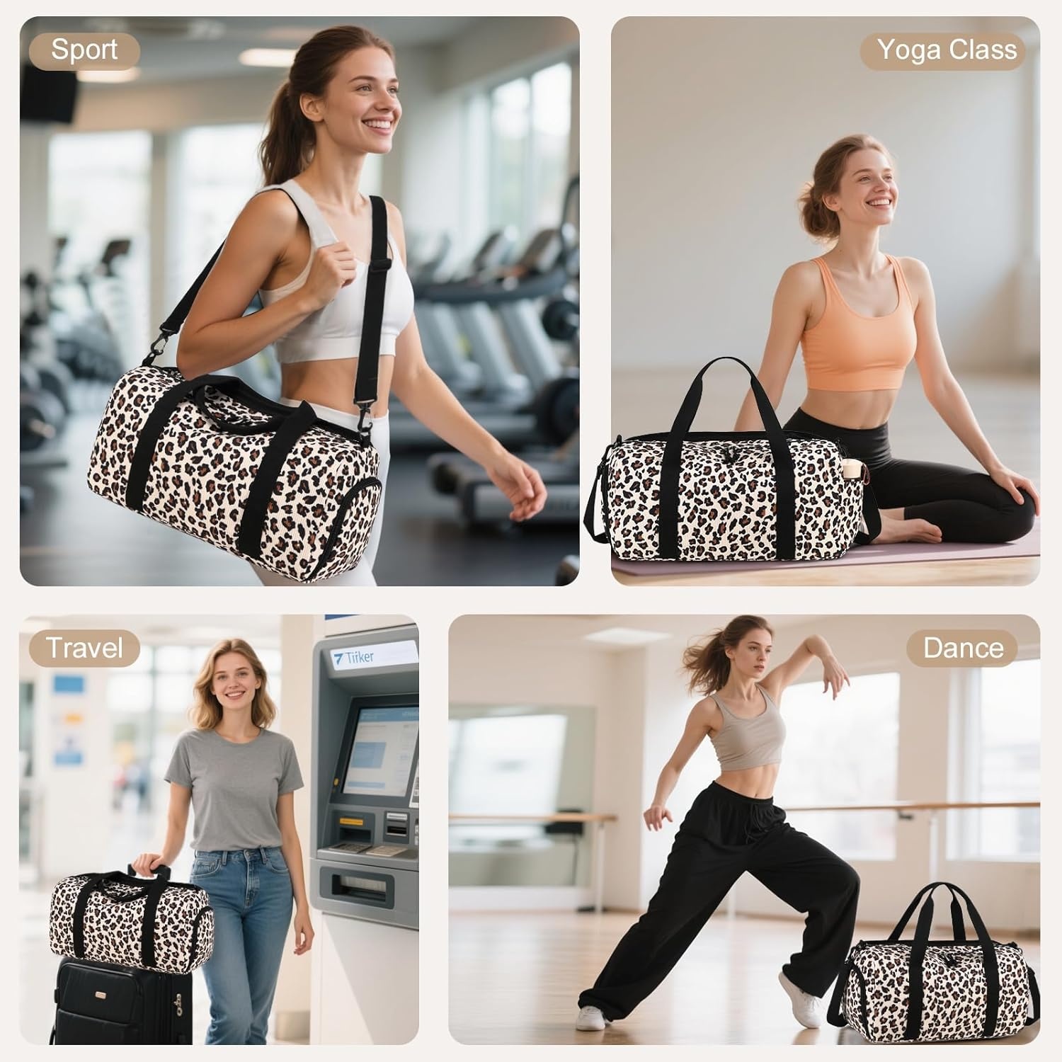 image:imageBTOOP Duffle Bag for Gym Sports Women Girls Workout Travel Bag Weekender with Shoe Compartment and Wet PocketTrendy Leopard Print
