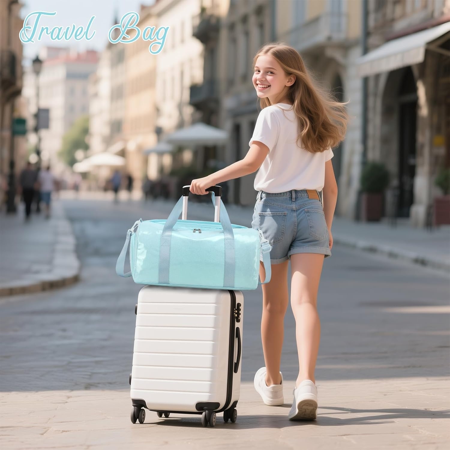 image:imageBTOOP Duffle Bag for Girls Kids Gym Sports Women Workout Travel Bag Weekender with Shoe Compartment and Wet Pocket BlueBlue