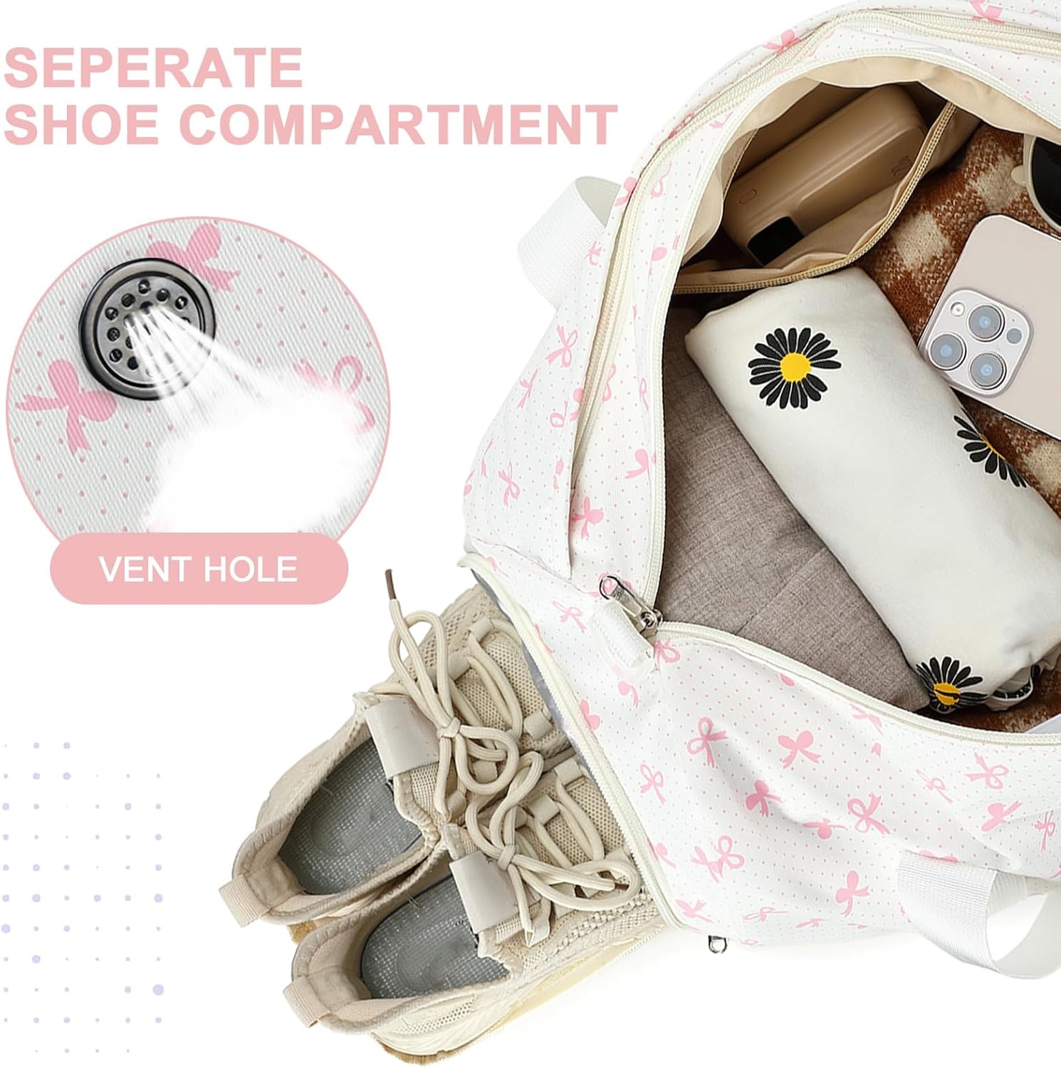 image:imageBTOOP Duffle Bag for Girls Kids Gym Sports Women Workout Travel Bag Weekender with Shoe Compartment and Wet Pocket BluePink Bow