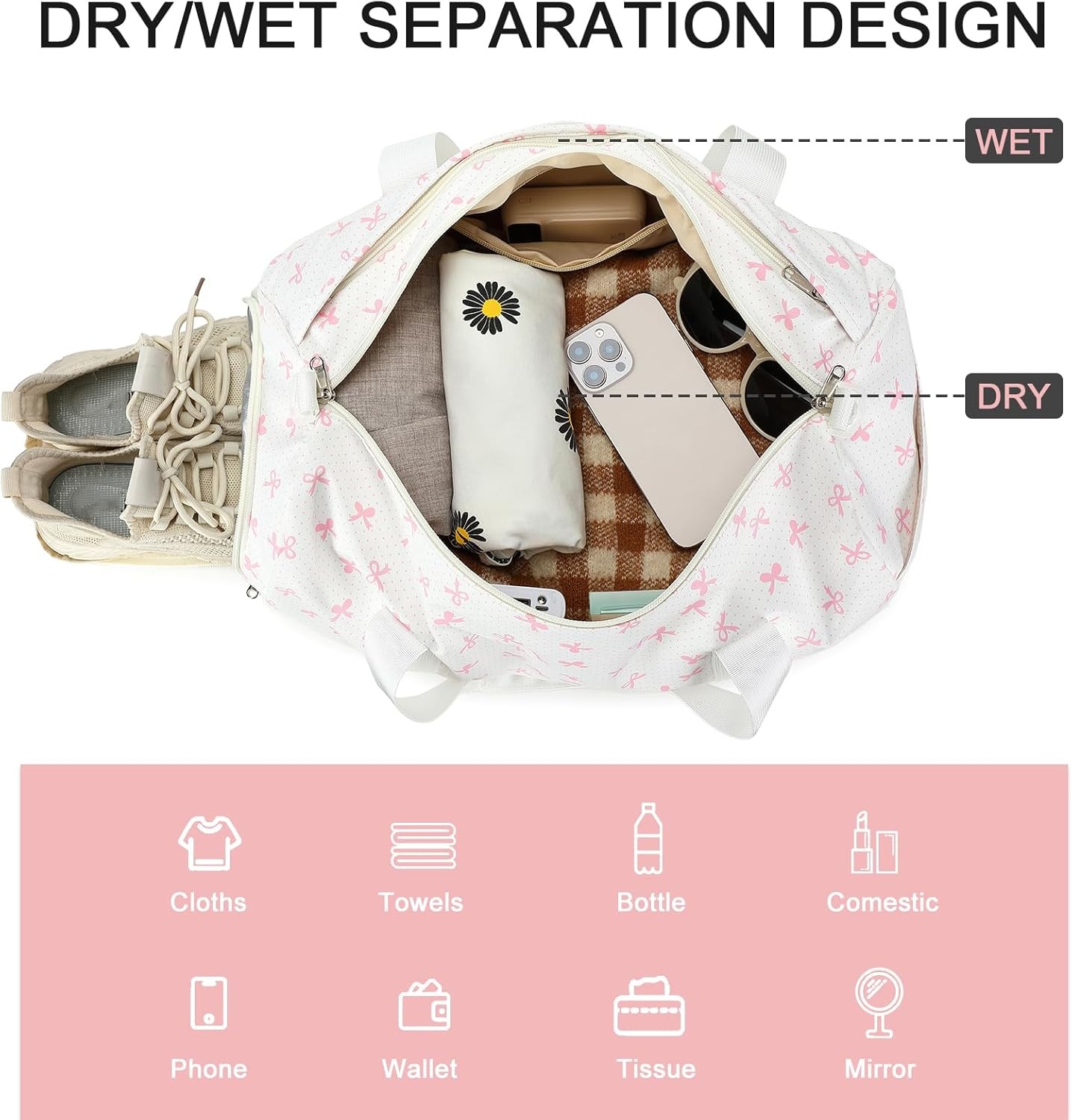 image:imageBTOOP Duffle Bag for Girls Kids Gym Sports Women Workout Travel Bag Weekender with Shoe Compartment and Wet Pocket BluePink Bow