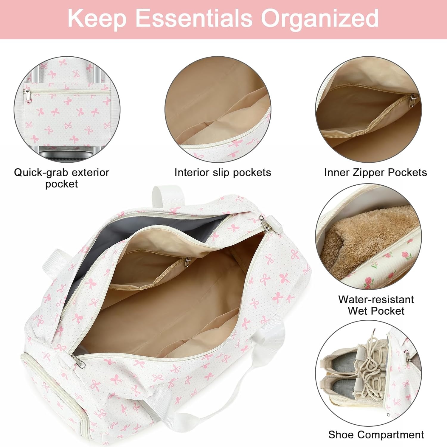 image:imageBTOOP Duffle Bag for Girls Kids Gym Sports Women Workout Travel Bag Weekender with Shoe Compartment and Wet Pocket BluePink Bow