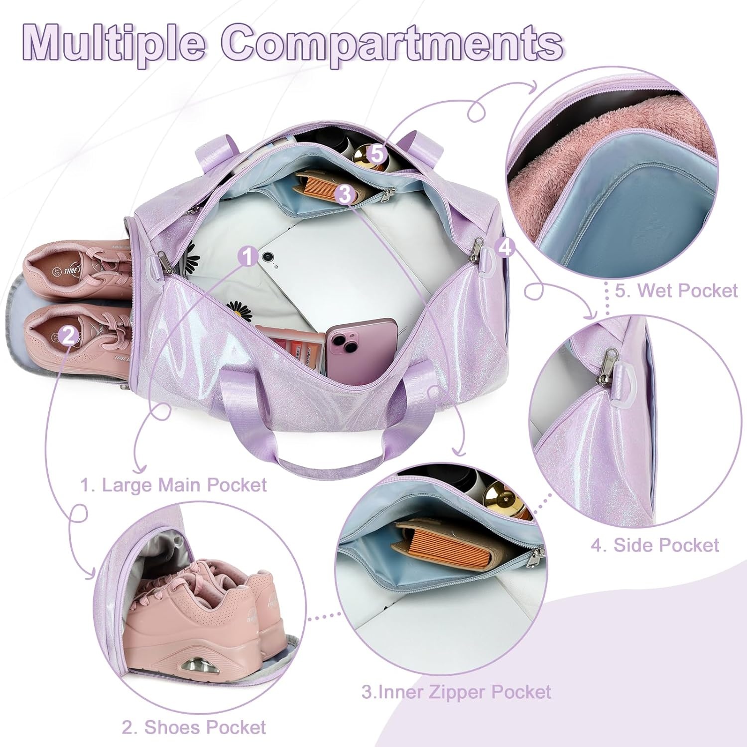 image:imageBTOOP Duffle Bag for Girls Kids Gym Sports Women Workout Travel Bag Weekender with Shoe Compartment and Wet Pocket BluePurple
