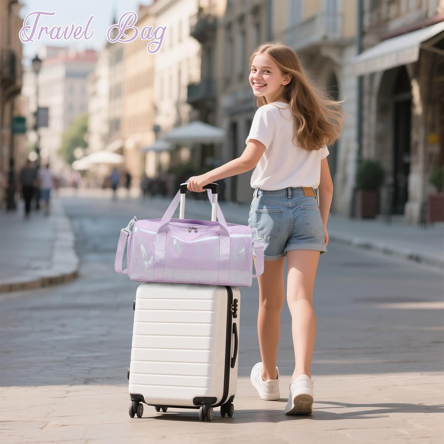 image:imageBTOOP Duffle Bag for Girls Kids Gym Sports Women Workout Travel Bag Weekender with Shoe Compartment and Wet Pocket BluePurple