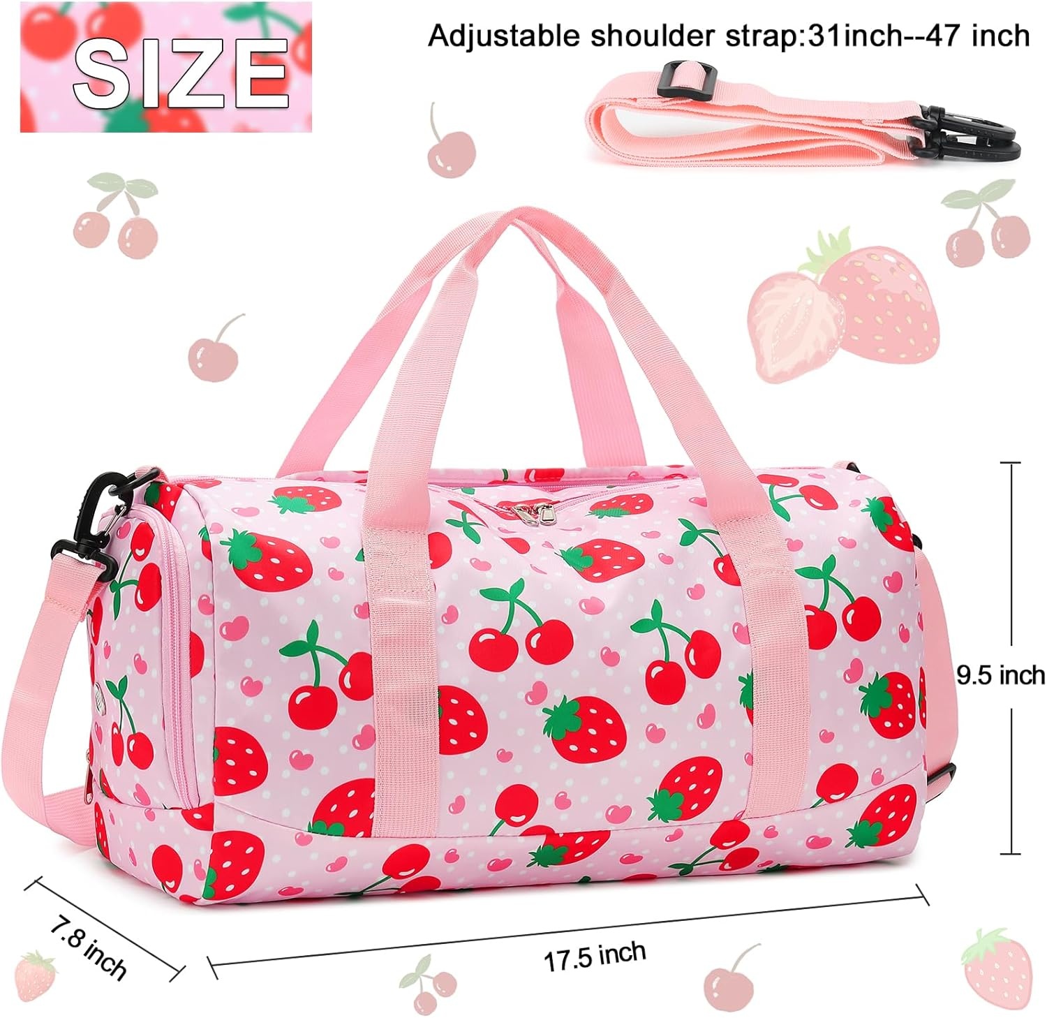 image:imageBTOOP Duffle Bag for Girls Kids Gym Sports Women Workout Travel Bag Weekender with Shoe Compartment and Wet Pocket BlueStrawberry CherryPink