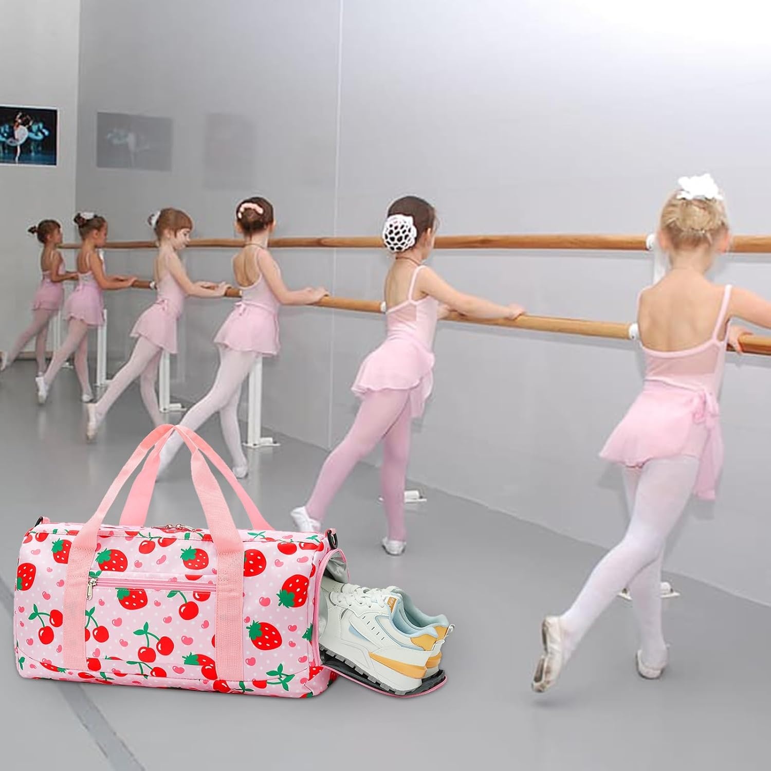 image:imageBTOOP Duffle Bag for Girls Kids Gym Sports Women Workout Travel Bag Weekender with Shoe Compartment and Wet Pocket BlueStrawberry CherryPink