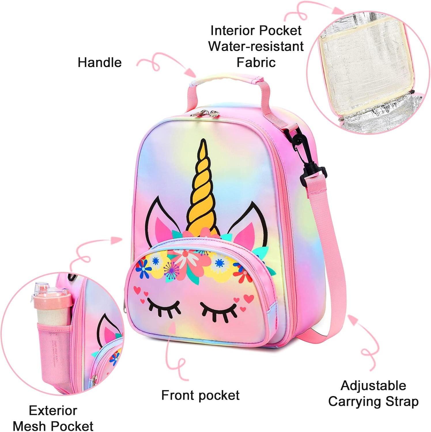 image:imageBTOOP Lunch Box Kids Girls Insulated Lunch Bag Cute Butterfly Reusable Thermal Meal Cooler Tote Bags with Removable Shoulder Strap for School Travel