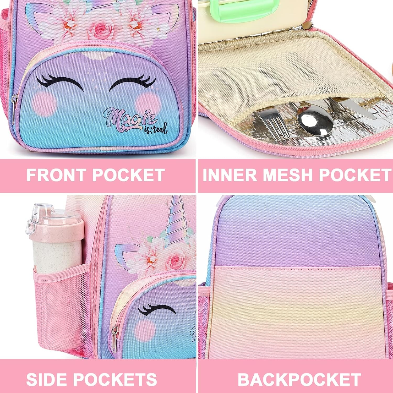 image:imageBTOOP Lunch Box Kids Girls Insulated Lunch Bag Cute Reusable Thermal Meal Cooler Tote Bags with Removable Shoulder Strap for School Travel