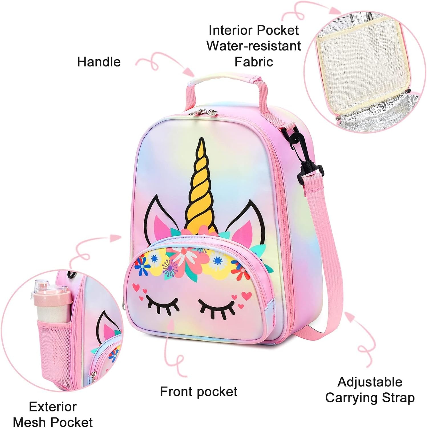 image:imageBTOOP Lunch Box Kids for Girls Insulated Lunch Bag Cute Reusable Toddler Thermal Meal Cooler Tote Crossbody Bags with Removable Shoulder Strap for School Travel Rainbow 1