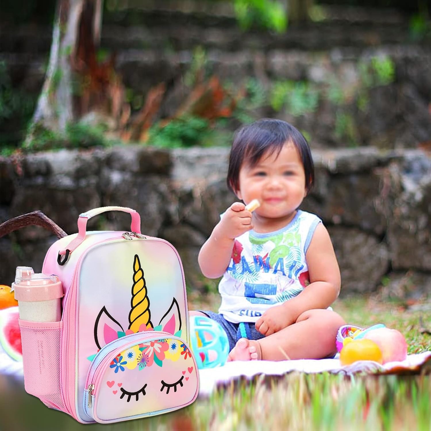 image:imageBTOOP Lunch Box Kids for Girls Insulated Lunch Bag Cute Reusable Toddler Thermal Meal Cooler Tote Crossbody Bags with Removable Shoulder Strap for School Travel Rainbow 1