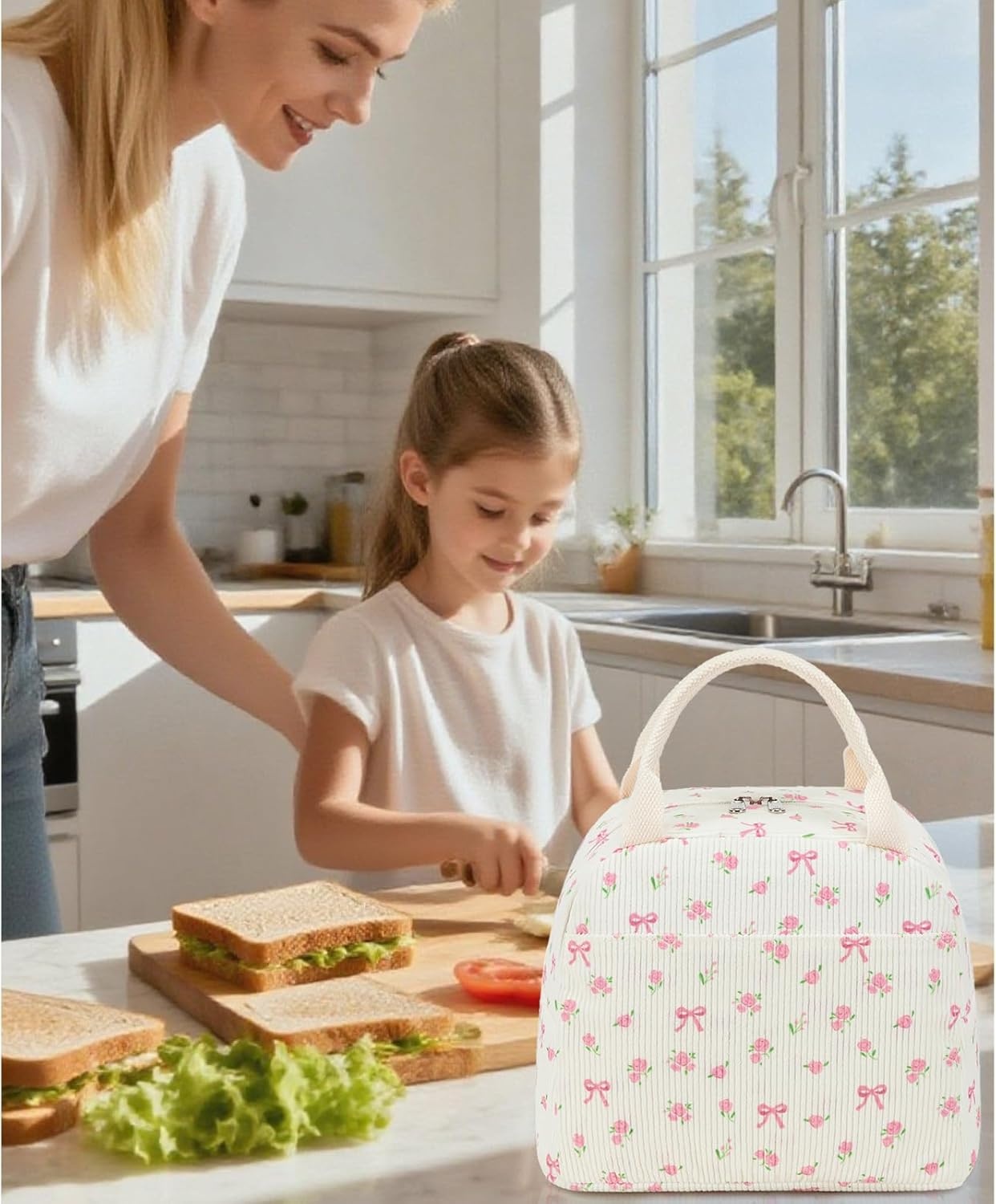 image:imageBTOOP Lunch Box for Women Girls Insulated Lunch Bag Cute Corduroy Lunchbox Adults Small Lunch Tote Bags Reusable Cooler for Work Office School Picnic TravelPink Bow Floral