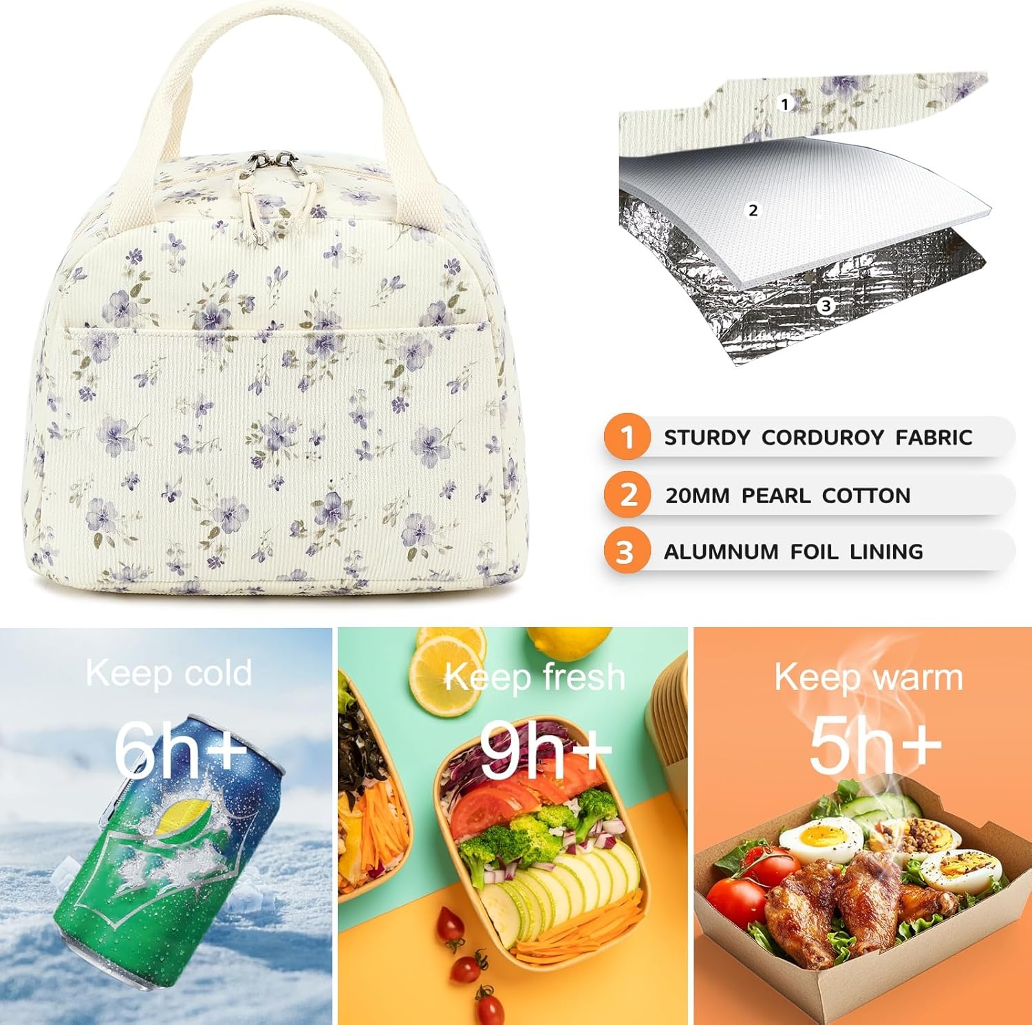 image:imageBTOOP Lunch Box for Women Girls Insulated Lunch Bag Cute Corduroy Lunchbox Adults Small Lunch Tote Bags Reusable Cooler for Work Office School Picnic TravelGrace Purple Flower