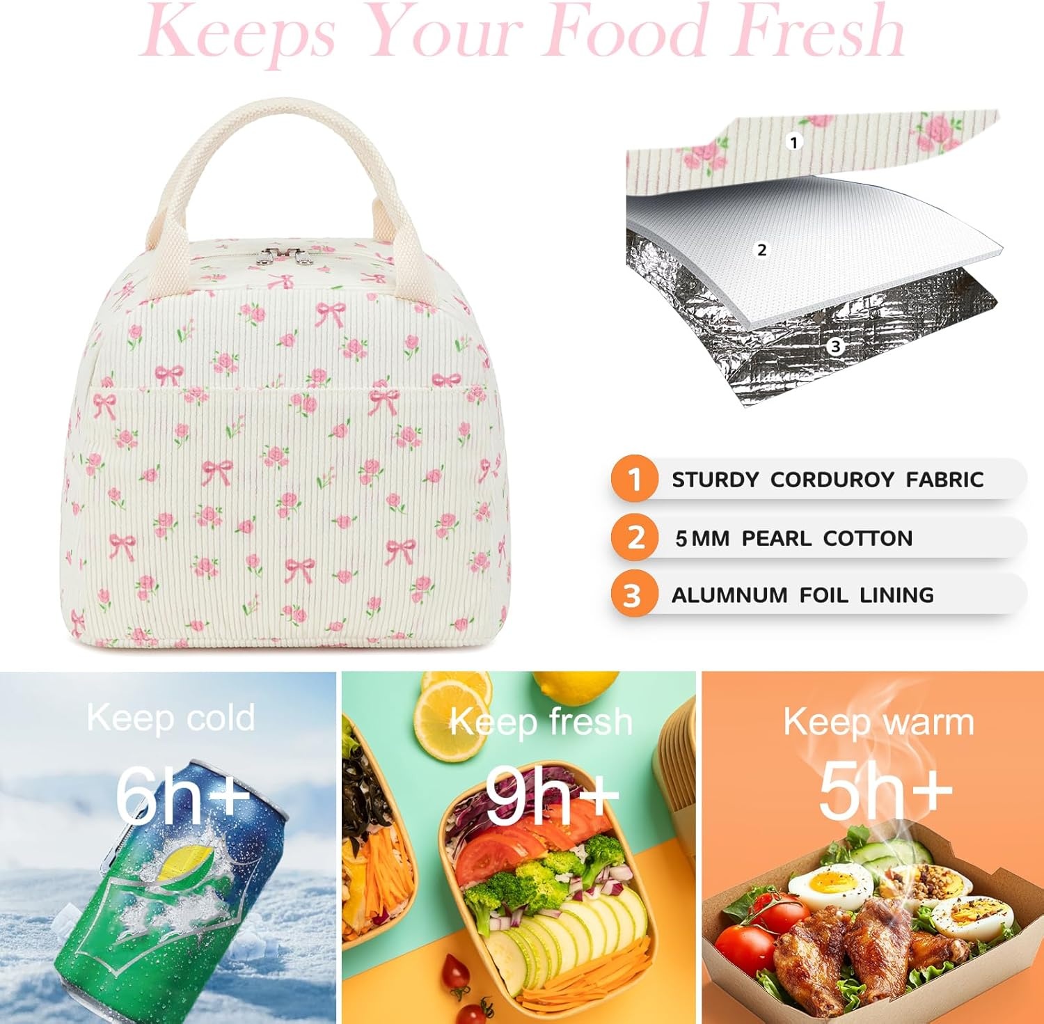 image:imageBTOOP Lunch Box for Women Girls Insulated Lunch Bag Cute Corduroy Lunchbox Adults Small Lunch Tote Bags Reusable Cooler for Work Office School Picnic TravelPink Bow Floral