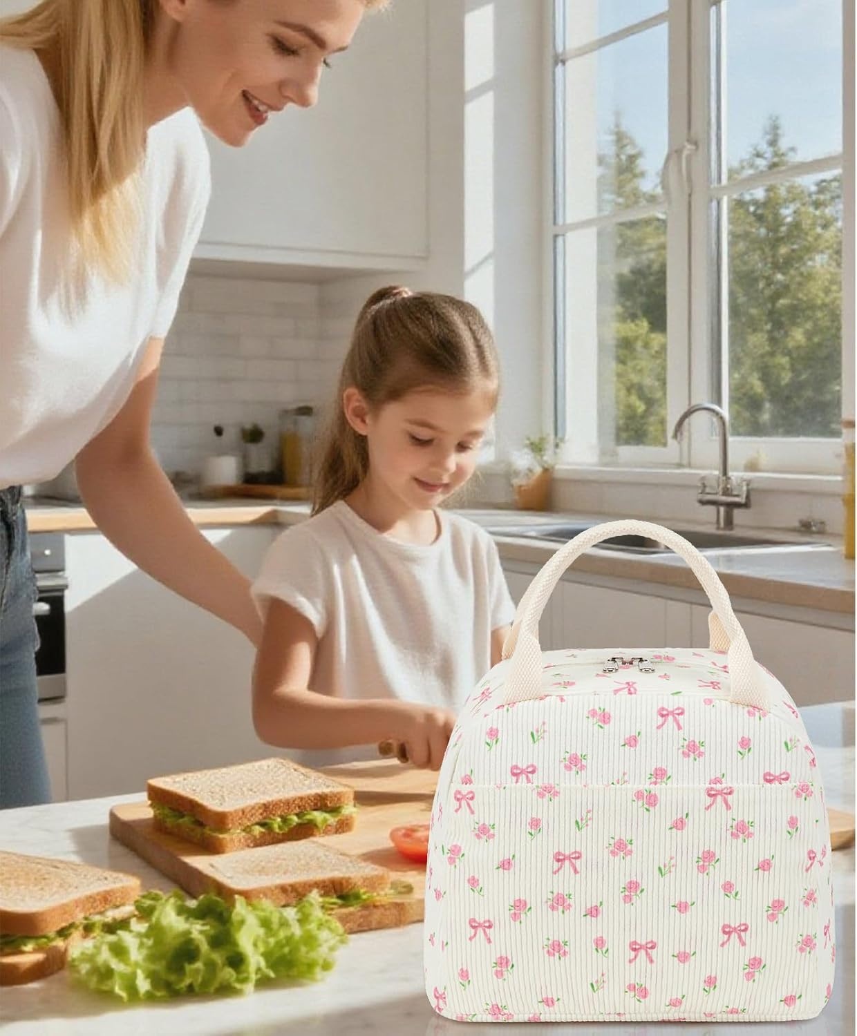 image:imageBTOOP Lunch Box for Women Girls Insulated Lunch Bag Cute Corduroy Lunchbox Adults Small Lunch Tote Bags Reusable Cooler for Work Office School Picnic TravelPink Bow Floral1