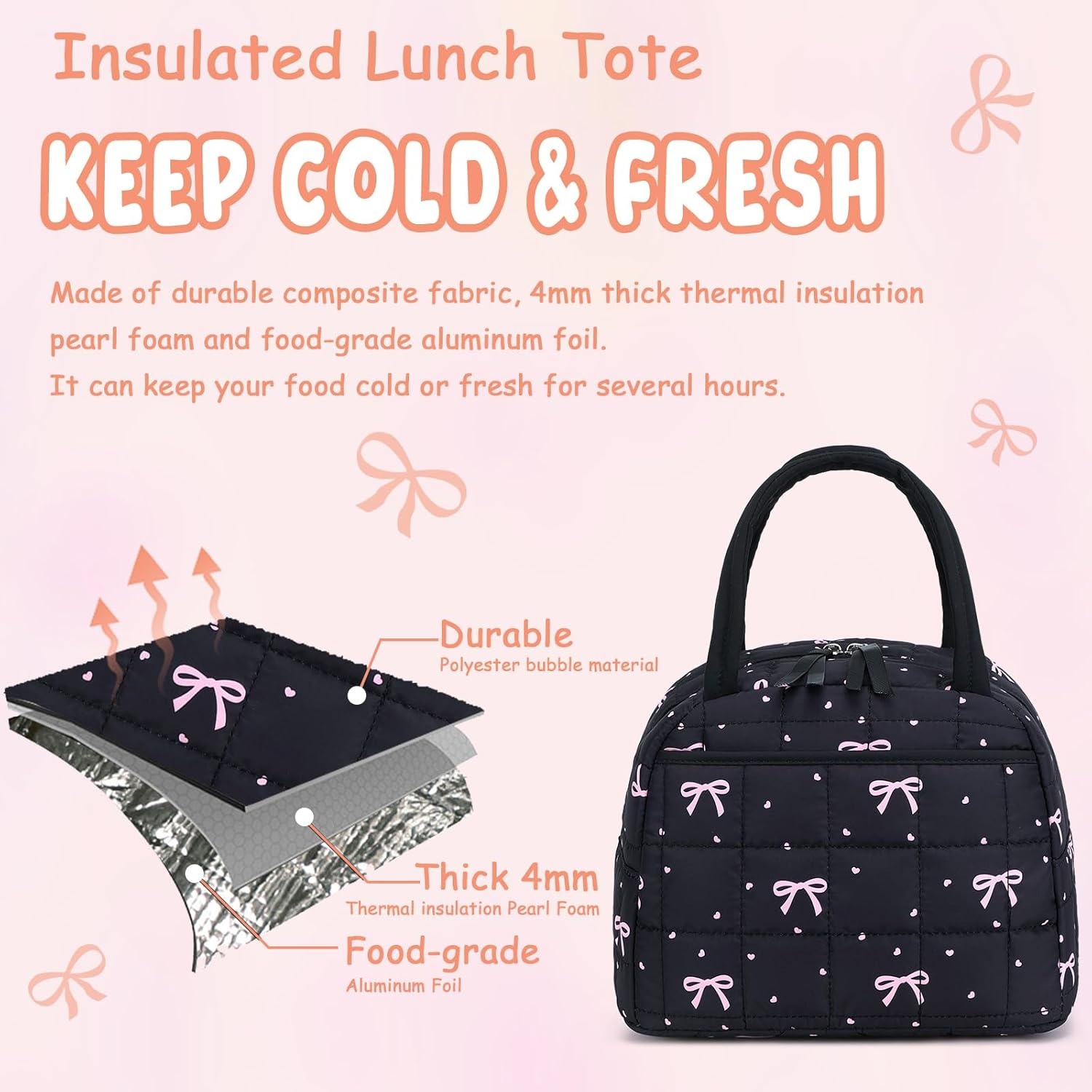 image:imageBTOOP Lunch Box for Women Girls Insulated Lunch Bag Cute Corduroy Lunchbox Adults Small Lunch Tote Bags Reusable Cooler for Work Office School Picnic TravelPink Bow
