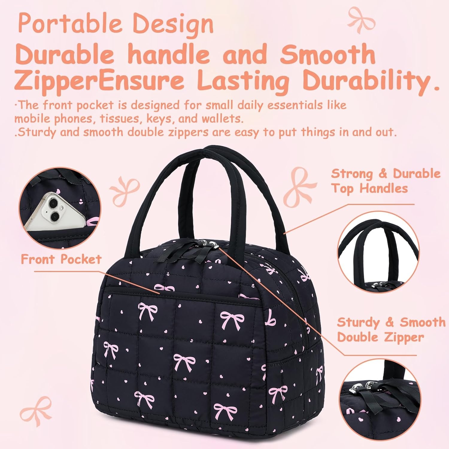 image:imageBTOOP Lunch Box for Women Girls Insulated Lunch Bag Cute Corduroy Lunchbox Adults Small Lunch Tote Bags Reusable Cooler for Work Office School Picnic TravelPink Bow