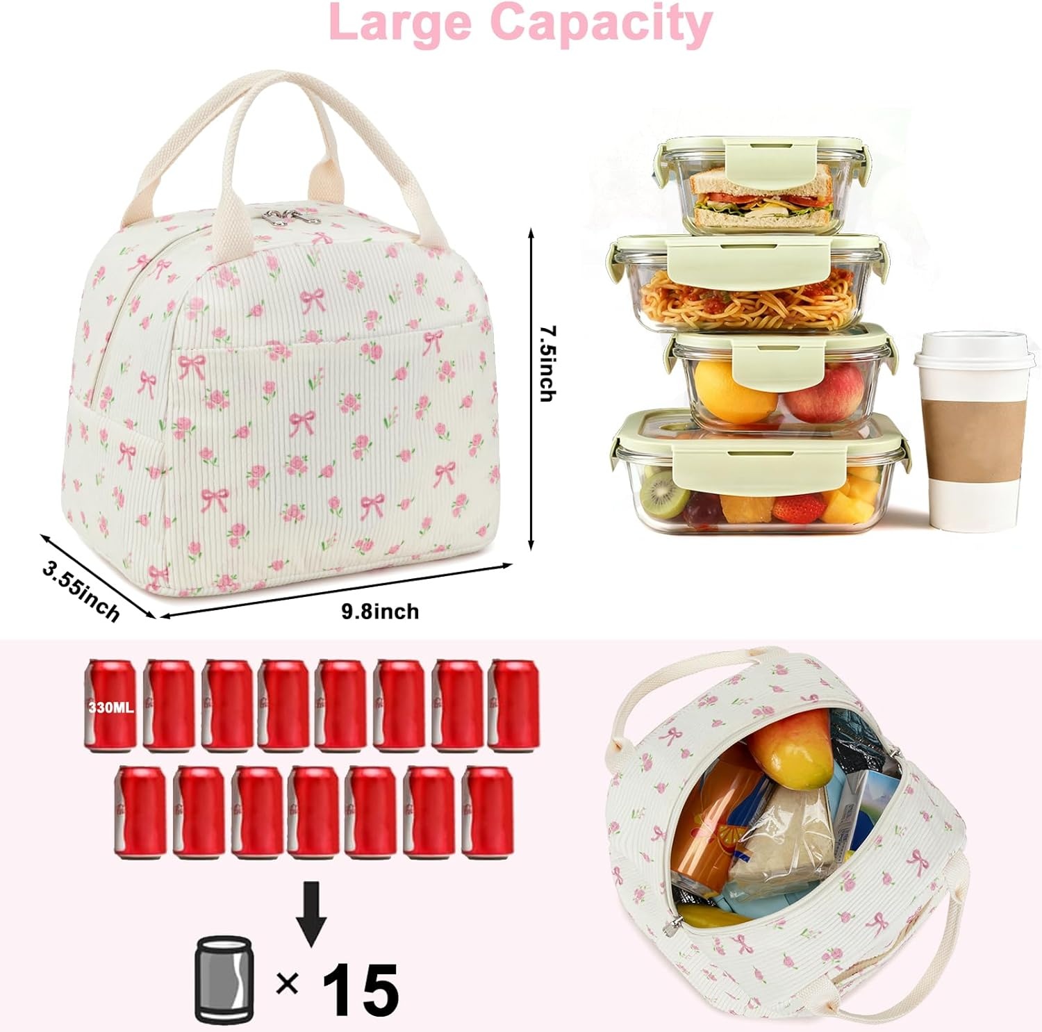 image:imageBTOOP Lunch Box for Women Girls Insulated Lunch Bag Cute Corduroy Lunchbox Adults Small Lunch Tote Bags Reusable Cooler for Work Office School Picnic TravelPink Bow Floral