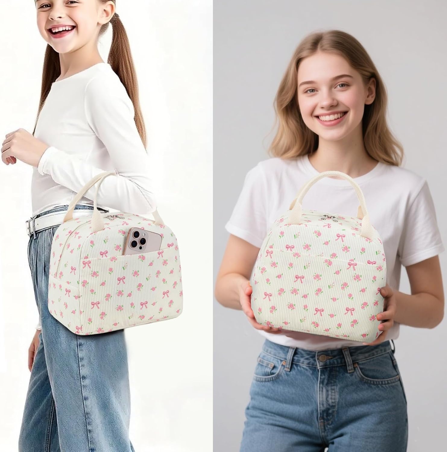 image:imageBTOOP Lunch Box for Women Girls Insulated Lunch Bag Cute Corduroy Lunchbox Adults Small Lunch Tote Bags Reusable Cooler for Work Office School Picnic TravelPink Bow Floral