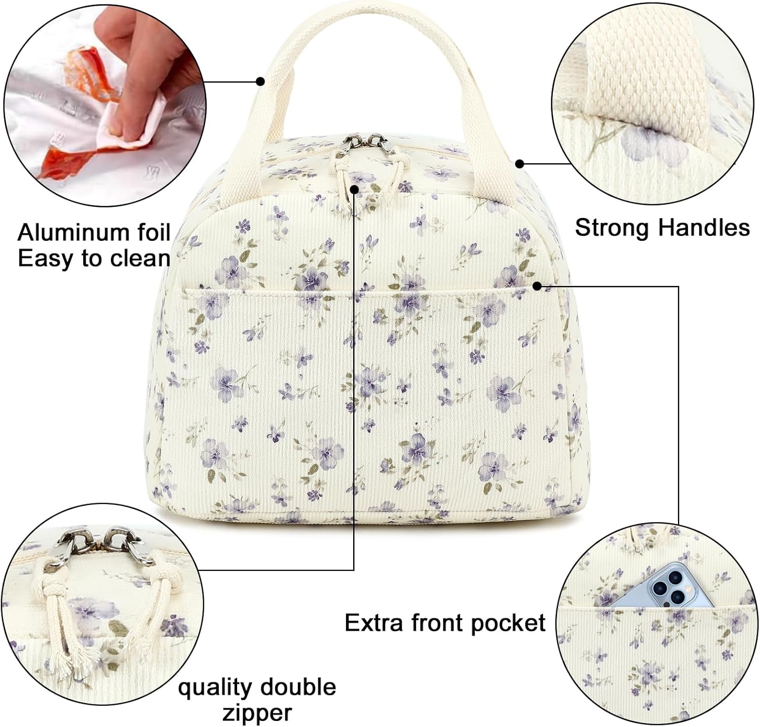 image:imageBTOOP Lunch Box for Women Girls Insulated Lunch Bag Cute Corduroy Lunchbox Adults Small Lunch Tote Bags Reusable Cooler for Work Office School Picnic TravelGrace Purple Flower