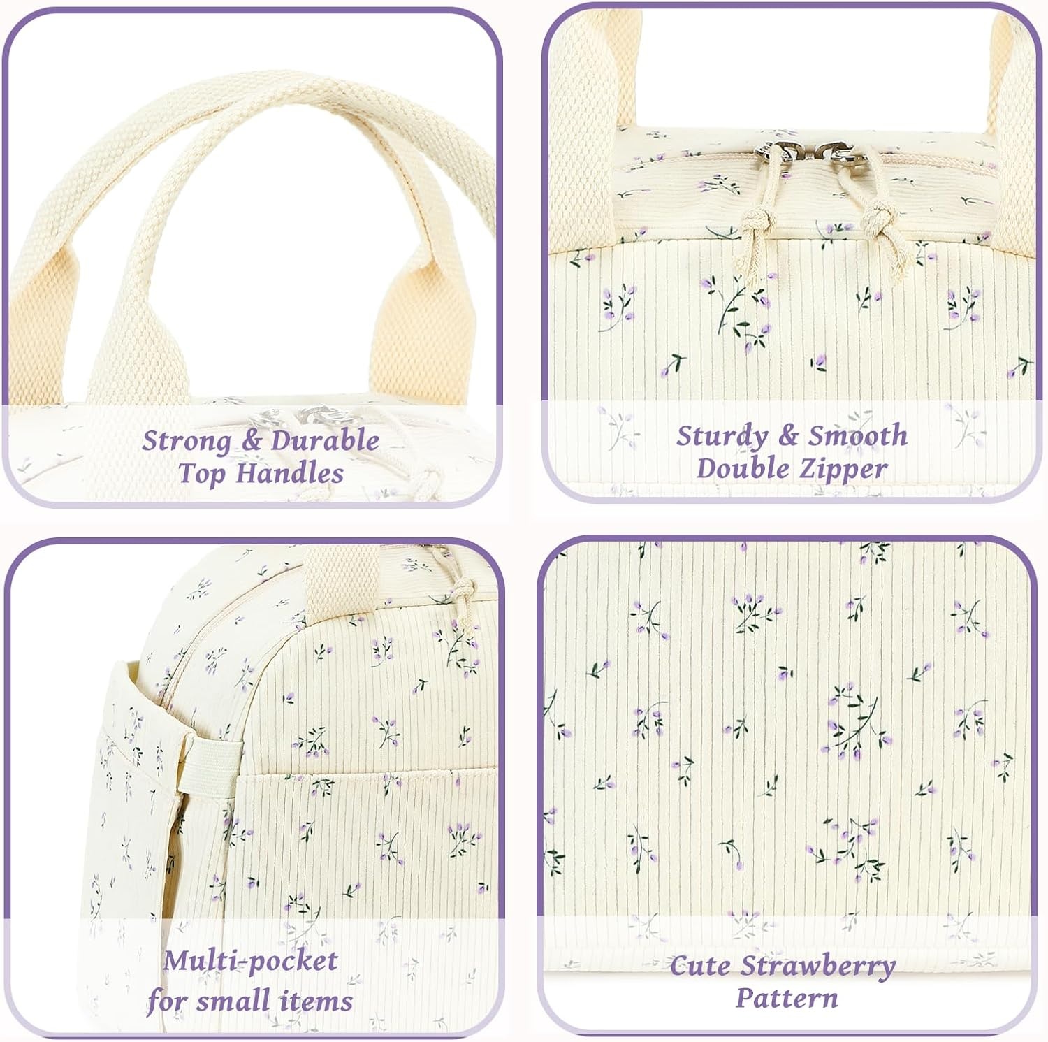image:imageBTOOP Lunch Box for Women Girls Insulated Lunch Bag Cute Corduroy Lunchbox Adults Small Lunch Tote Bags Reusable Cooler for Work Office School Picnic TravelPurpleFlower