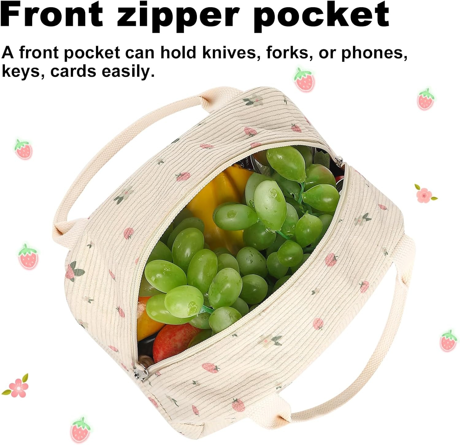 image:imageBTOOP Lunch Box for Women Girls Insulated Lunch Bag Cute Corduroy Lunchbox Adults Small Lunch Tote Bags Reusable Cooler for Work Office School Picnic TravelCorduroyfloral strawberry beige