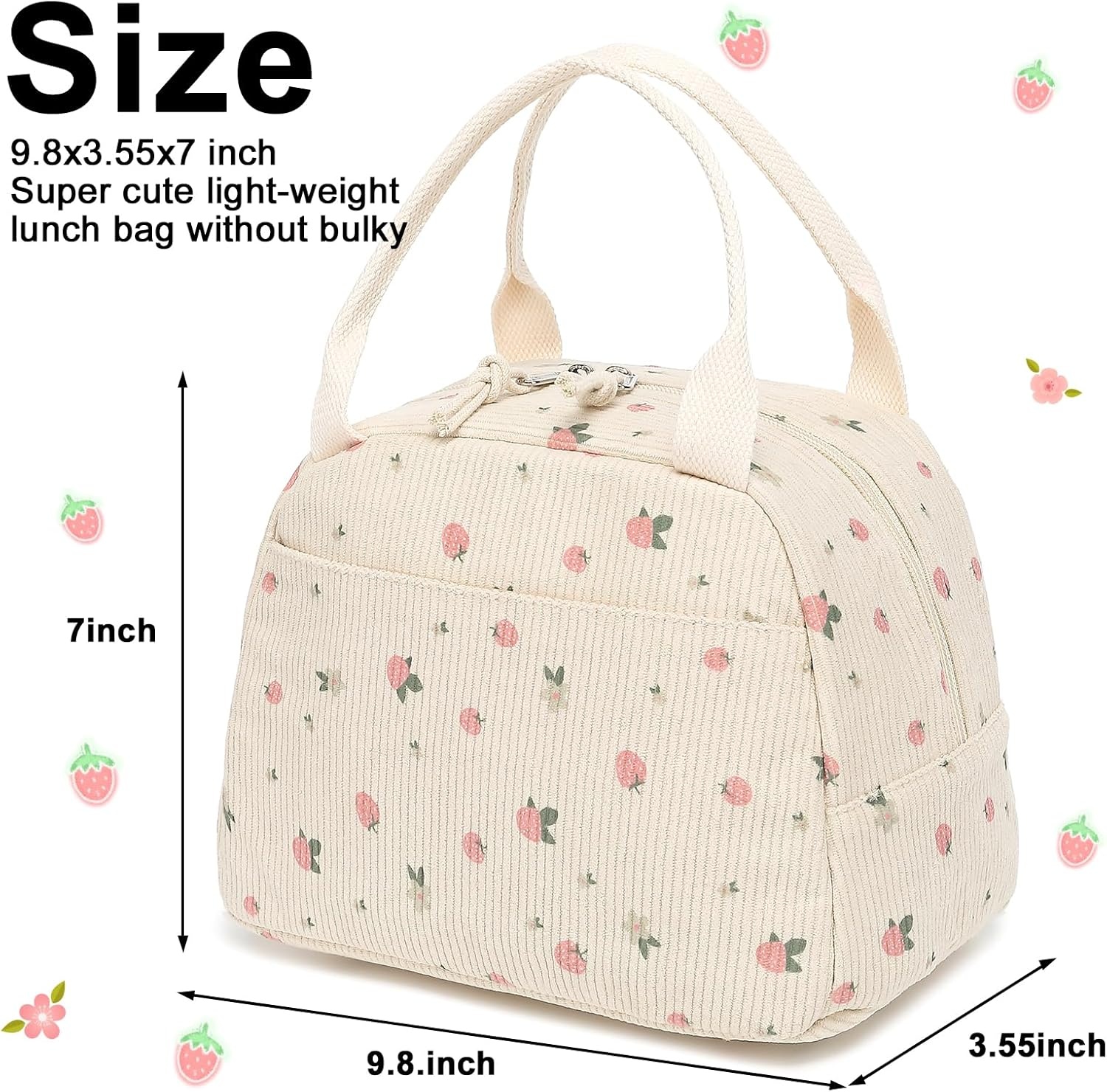 image:imageBTOOP Lunch Box for Women Girls Insulated Lunch Bag Cute Corduroy Lunchbox Adults Small Lunch Tote Bags Reusable Cooler for Work Office School Picnic TravelCorduroyfloral strawberry beige