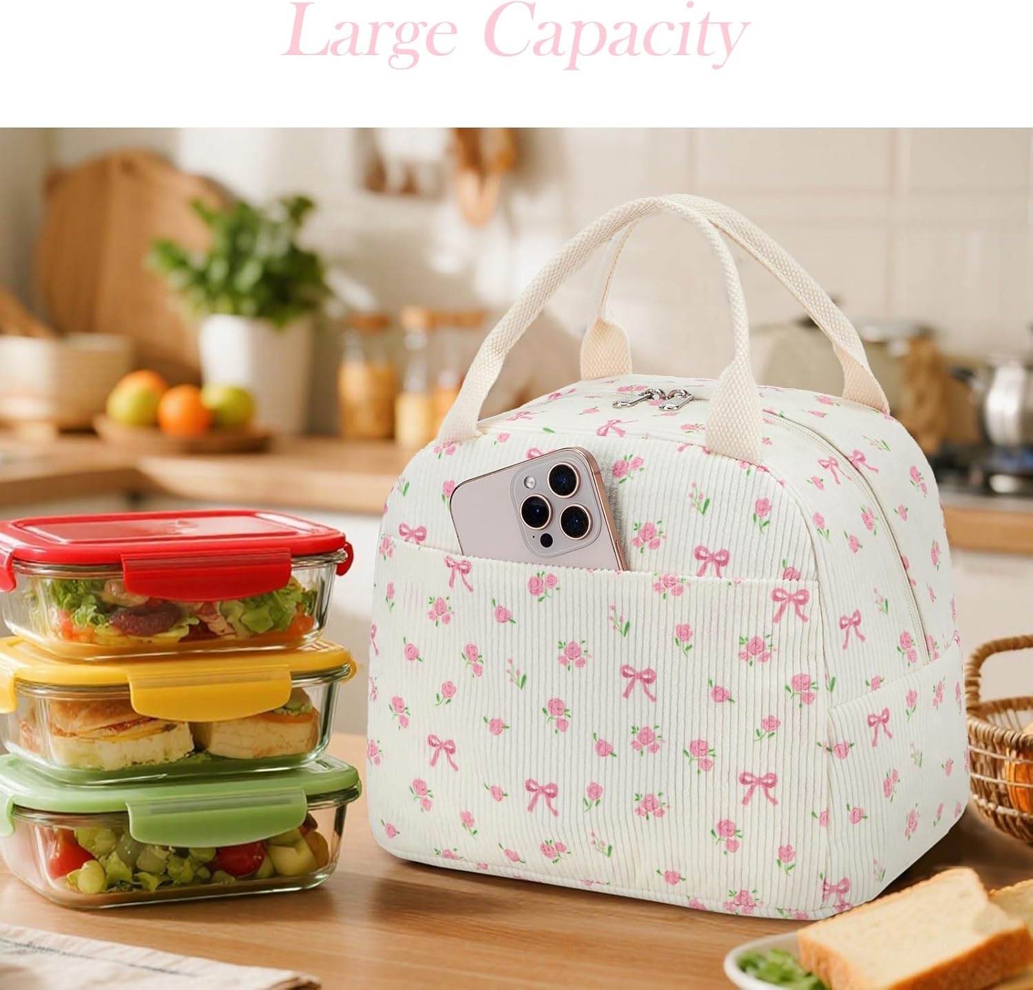 image:imageBTOOP Lunch Box for Women Girls Insulated Lunch Bag Cute Corduroy Lunchbox Adults Small Lunch Tote Bags Reusable Cooler for Work Office School Picnic TravelPink Bow Floral1